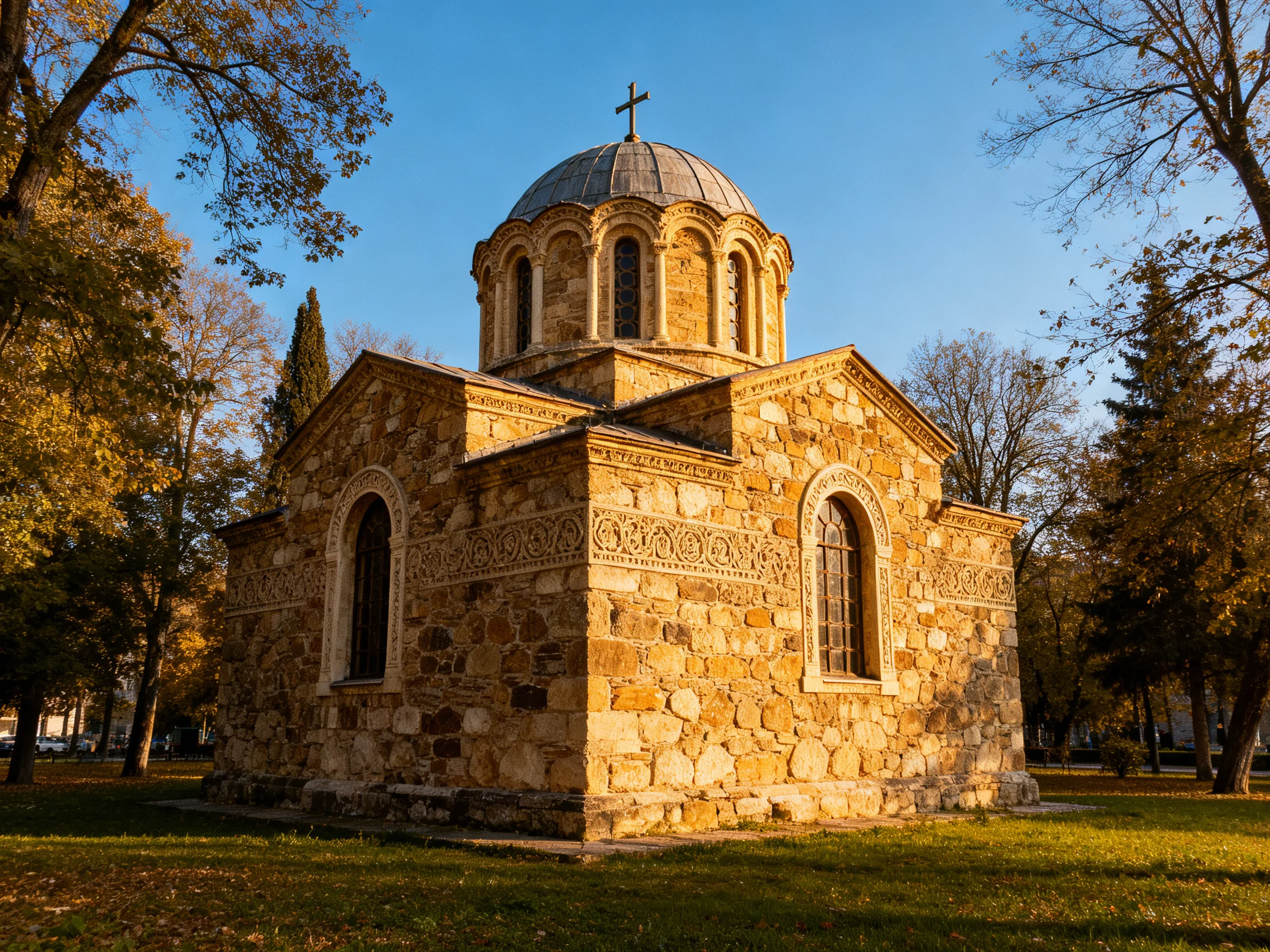Anancient stone church bathed in golden sunlight, with ornate architectural details