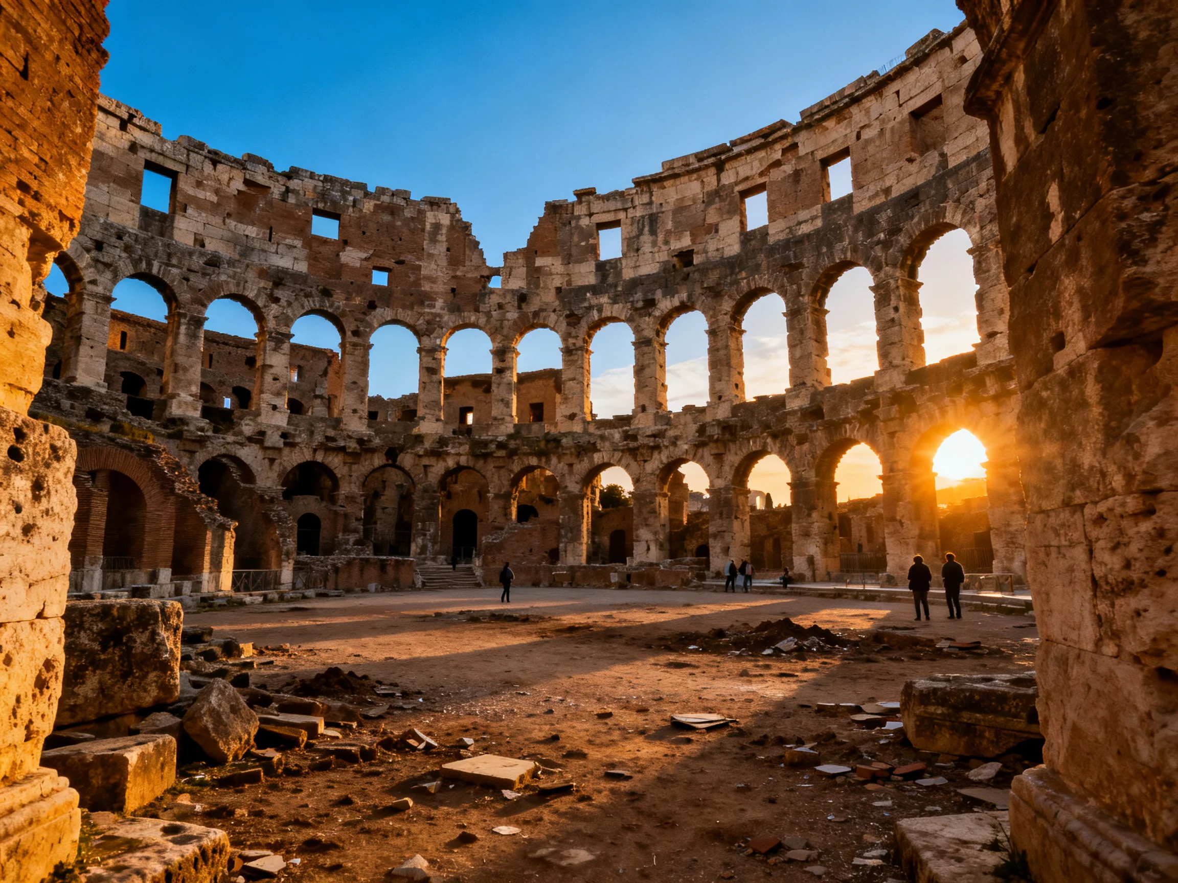 Ancient Amphitheater Illuminated by Golden Sunset Light