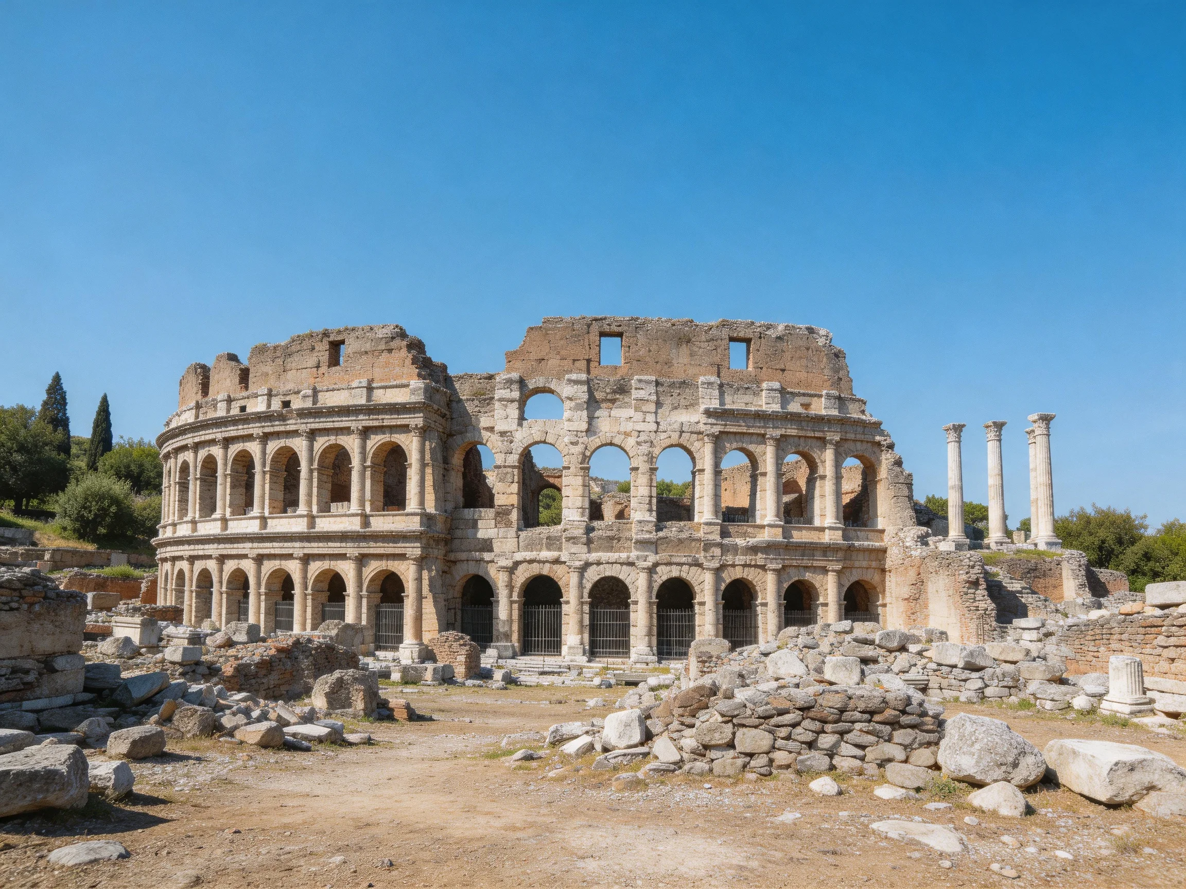 Ancient Amphitheater Ruins with Stone Arches and Blue Sky