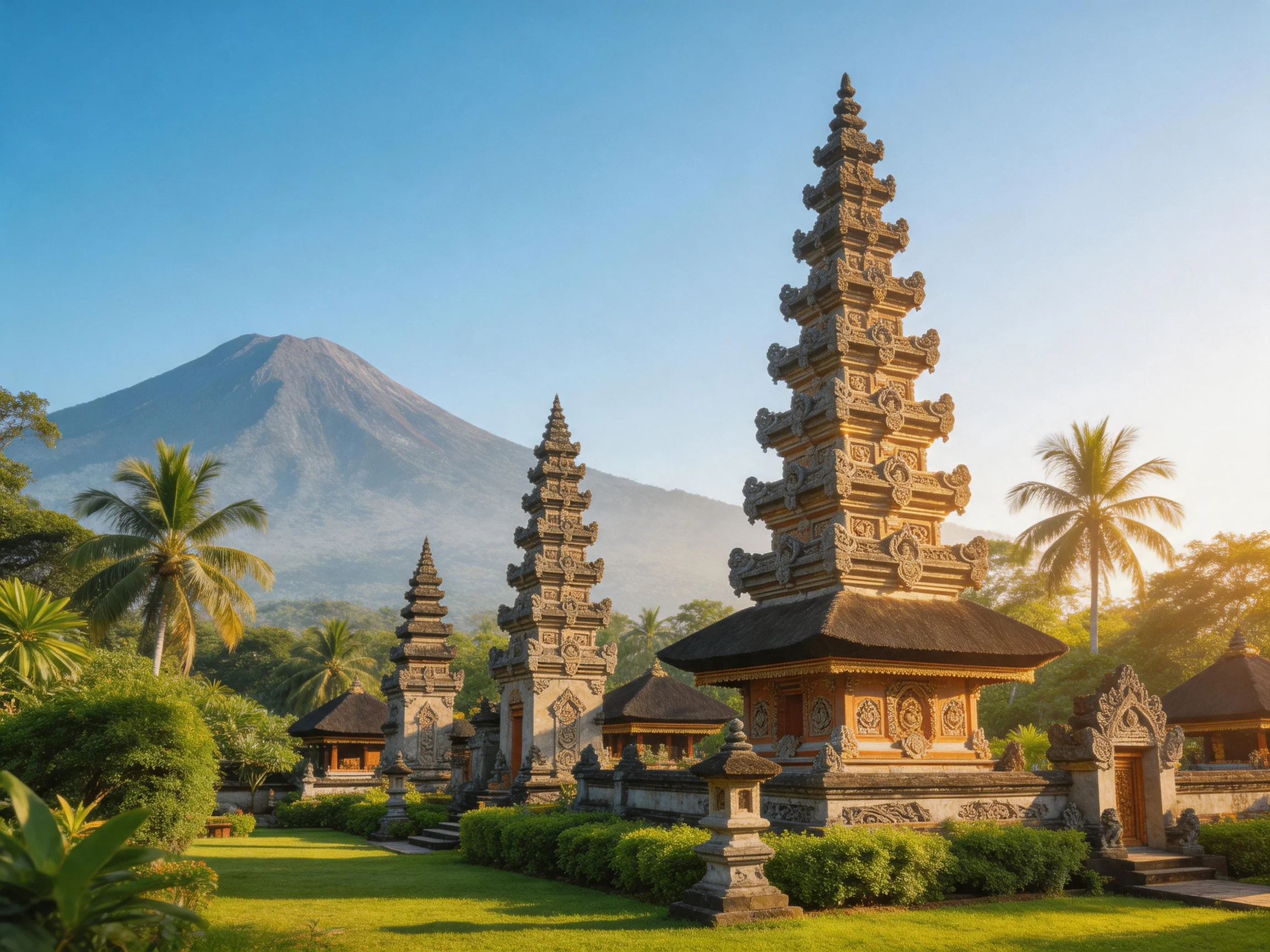 Ancient Balinese Temples Near Majestic Volcano Under Clear Blue Sky
