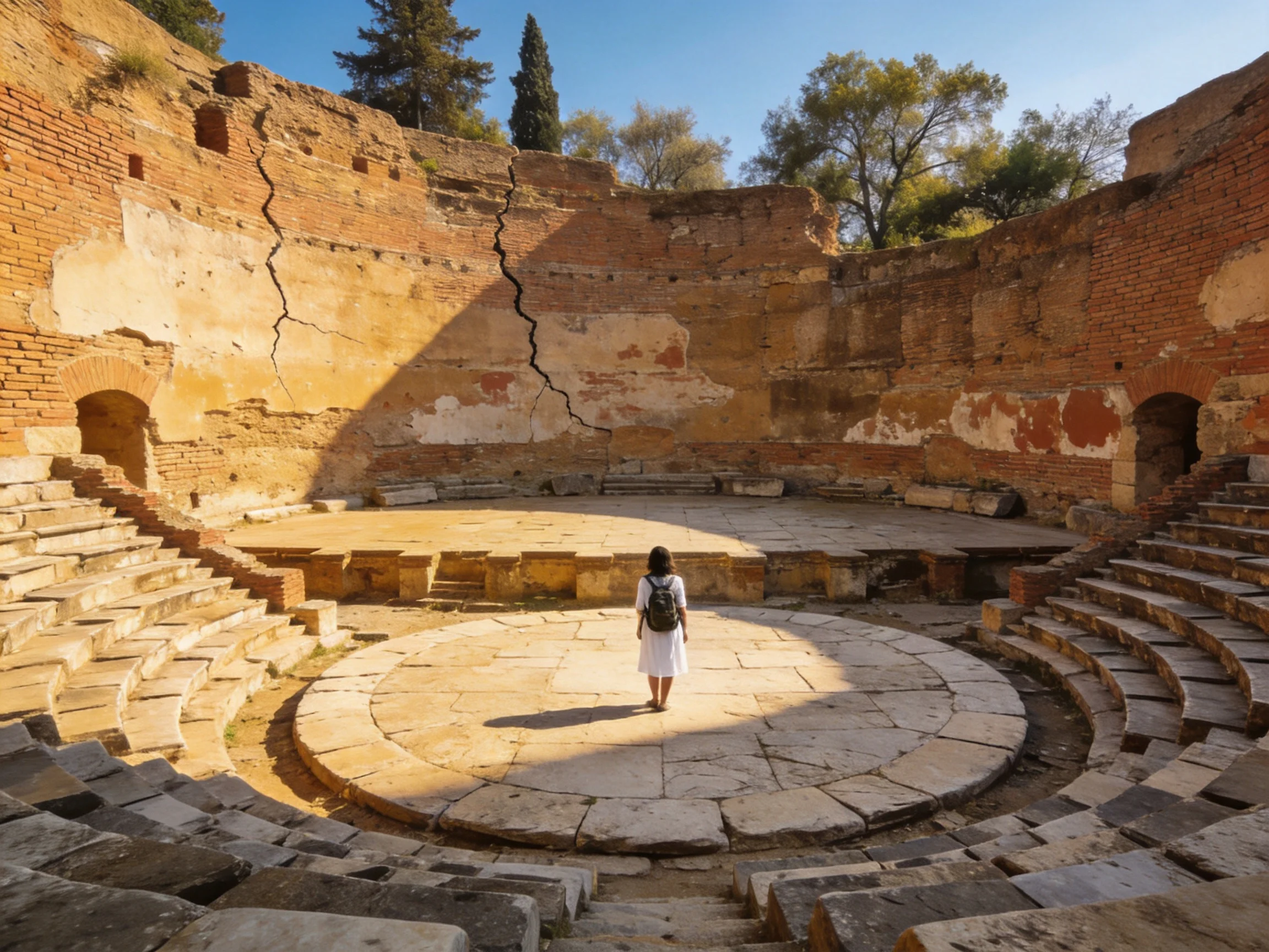 Ancient Brick Amphitheater Ruins with Stone Seating and a Visitor
