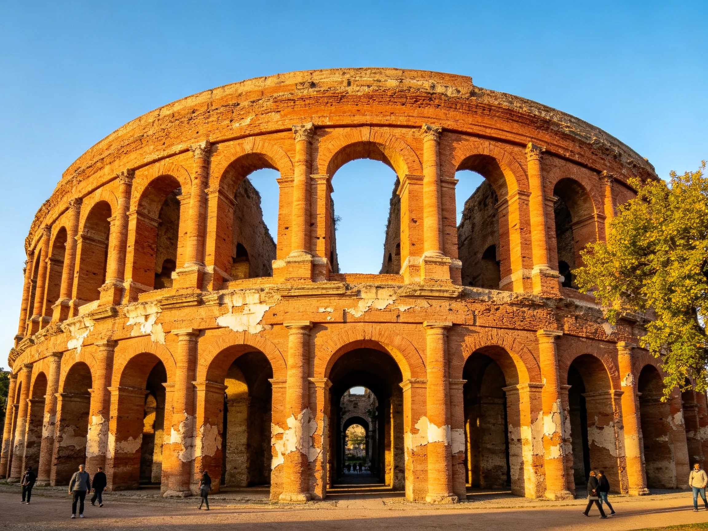Ancient Brick Amphitheater with Arched Openings Under Clear Blue Sky