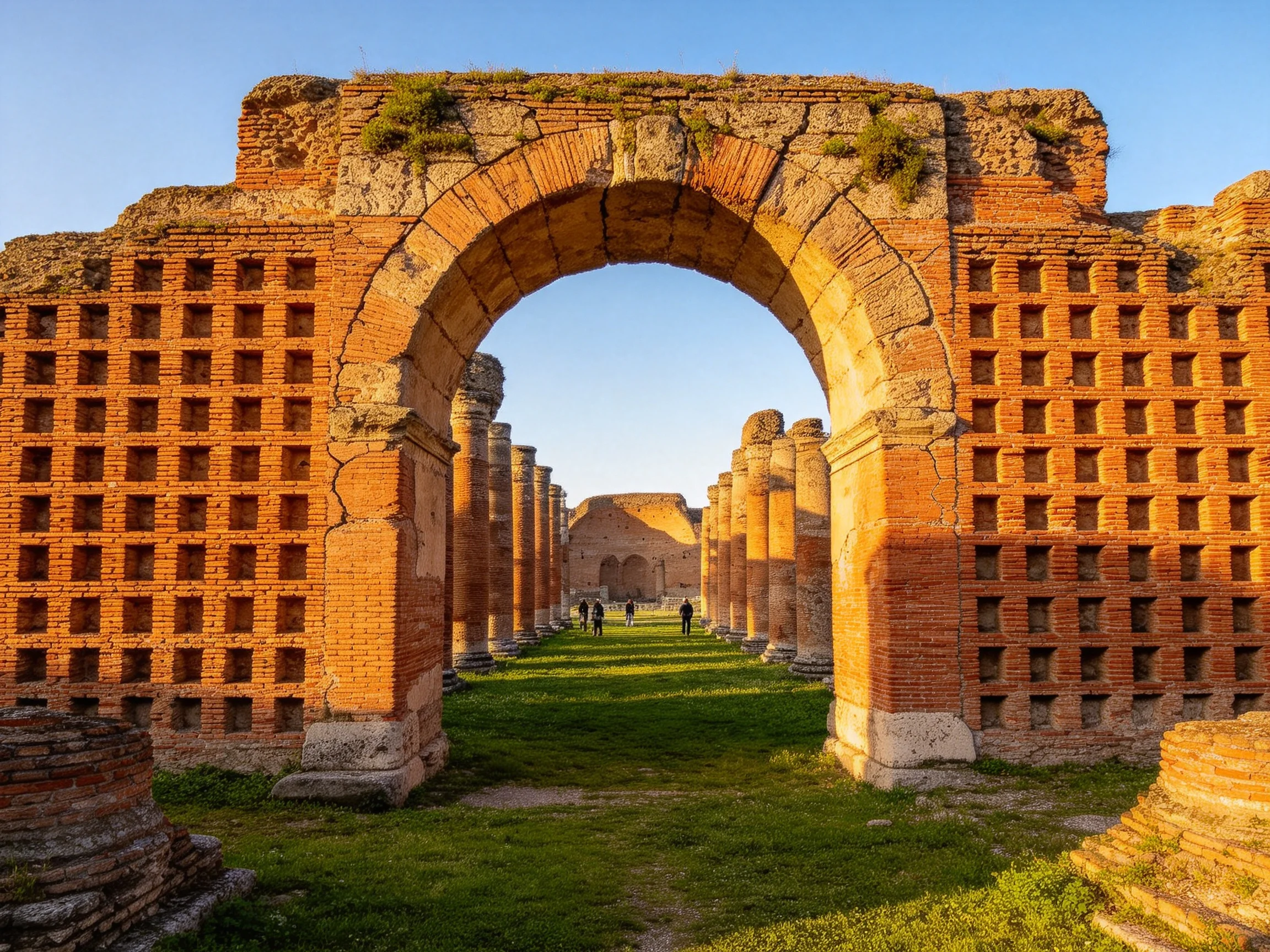 Ancient Brick Archway with Columns and Ruined Walls