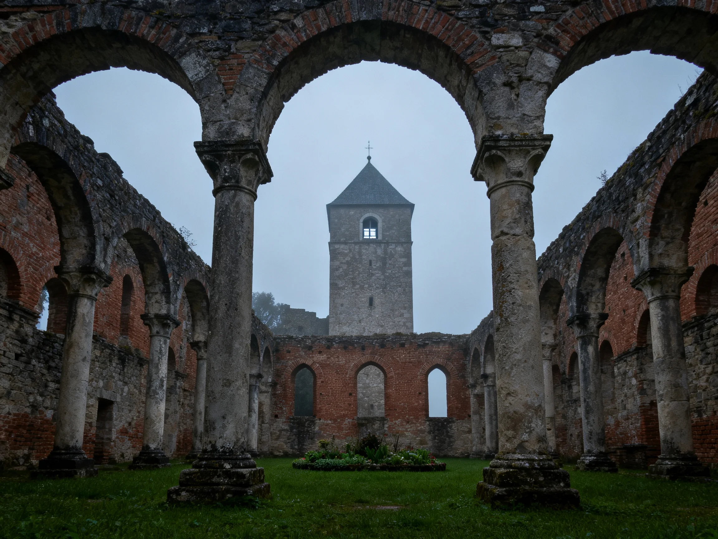 Ancient Brick Ruins with Arched Walkways and Stone Tower