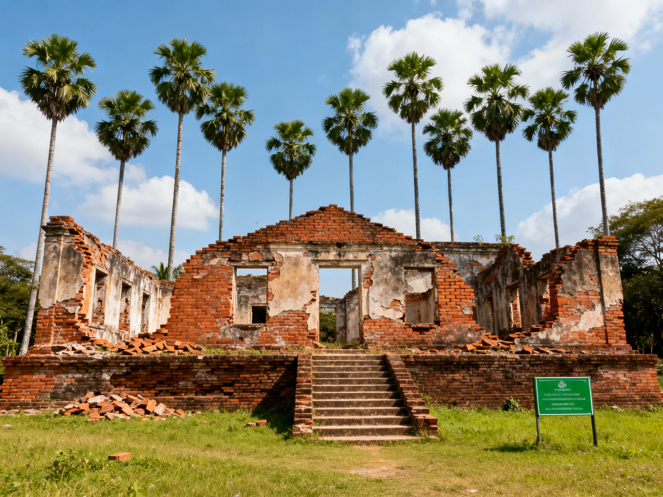 Ancient Brick Ruins with Tall Palm Trees Under Clear Blue Sky