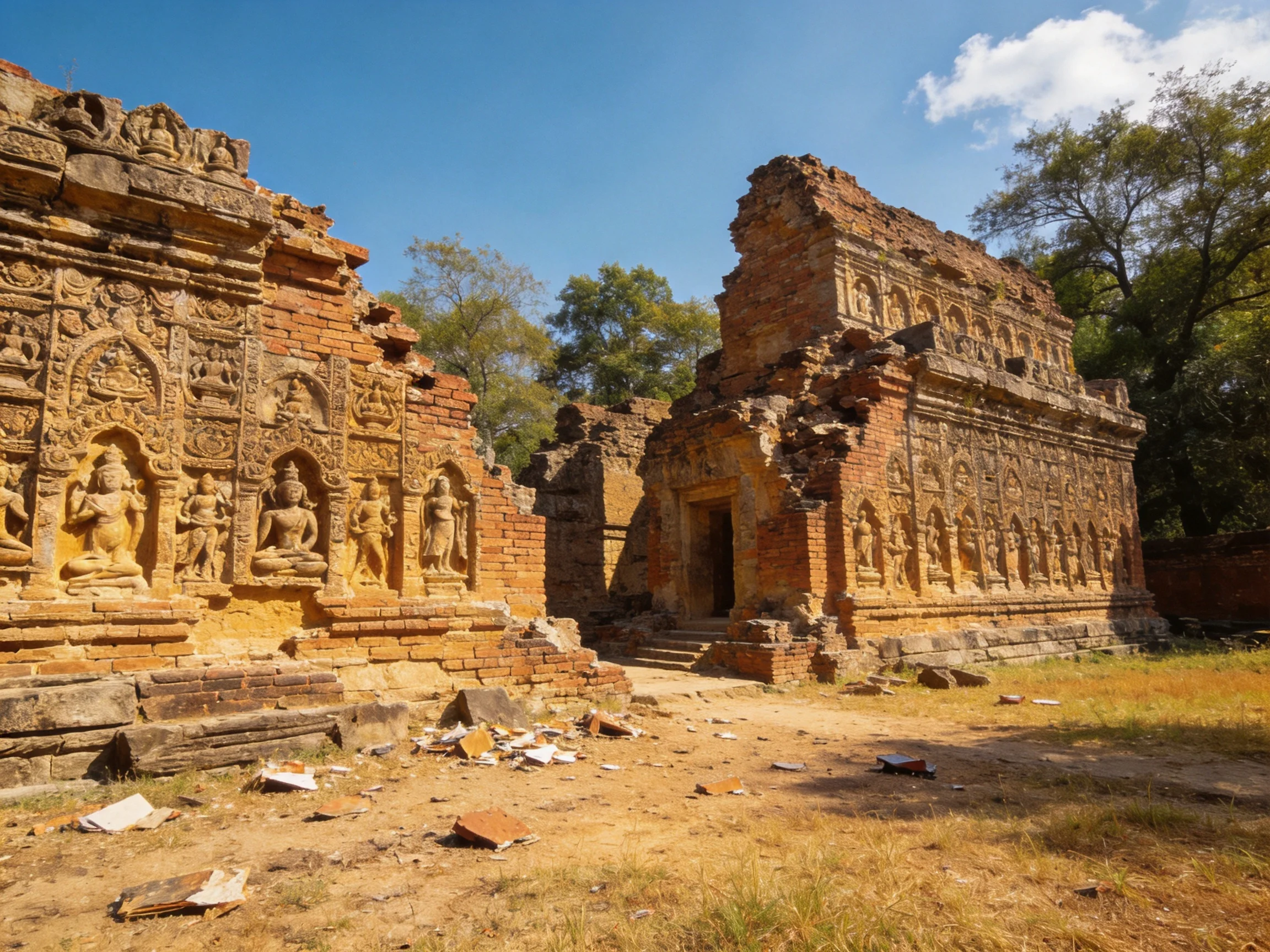 Ancient Brick Temple Ruins with Intricate Stone Carvings