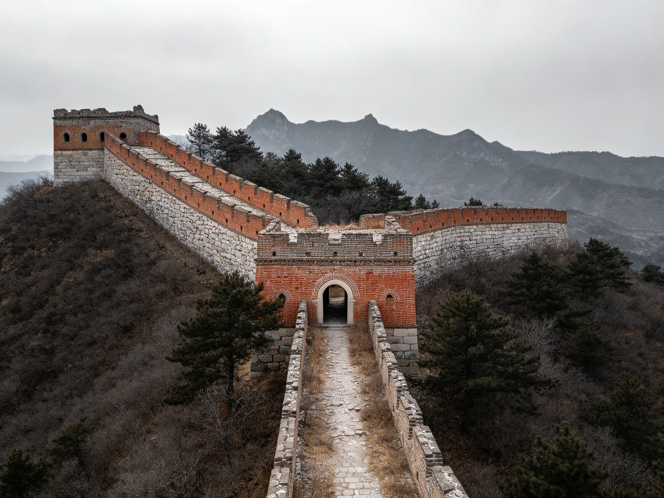 Ancient Brick and Stone Great Wall Amidst Misty Mountainous Terrain