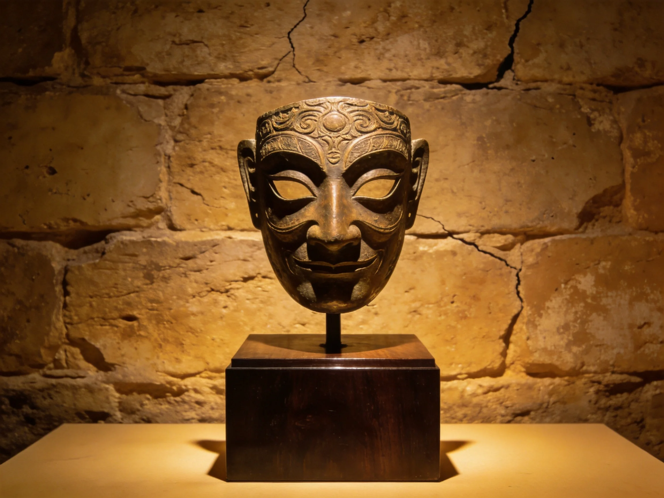 Ancient Bronze Mask Mounted on Wooden Pedestal Against Stone Wall
