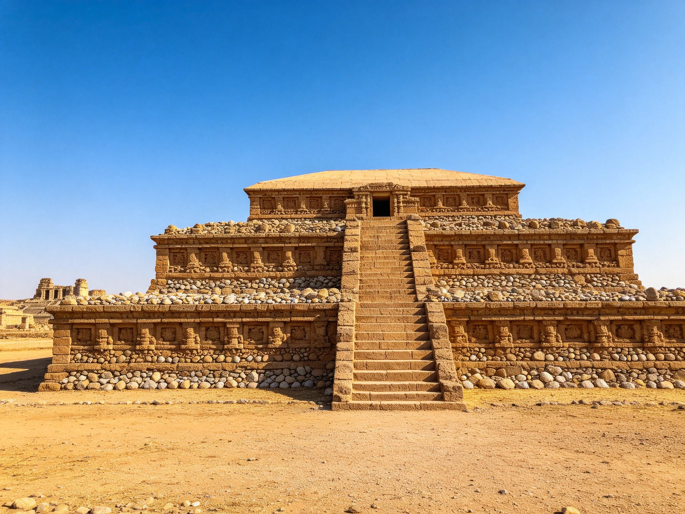 Ancient Brown Stone Structure with Multiple Levels Under Clear Blue Sky