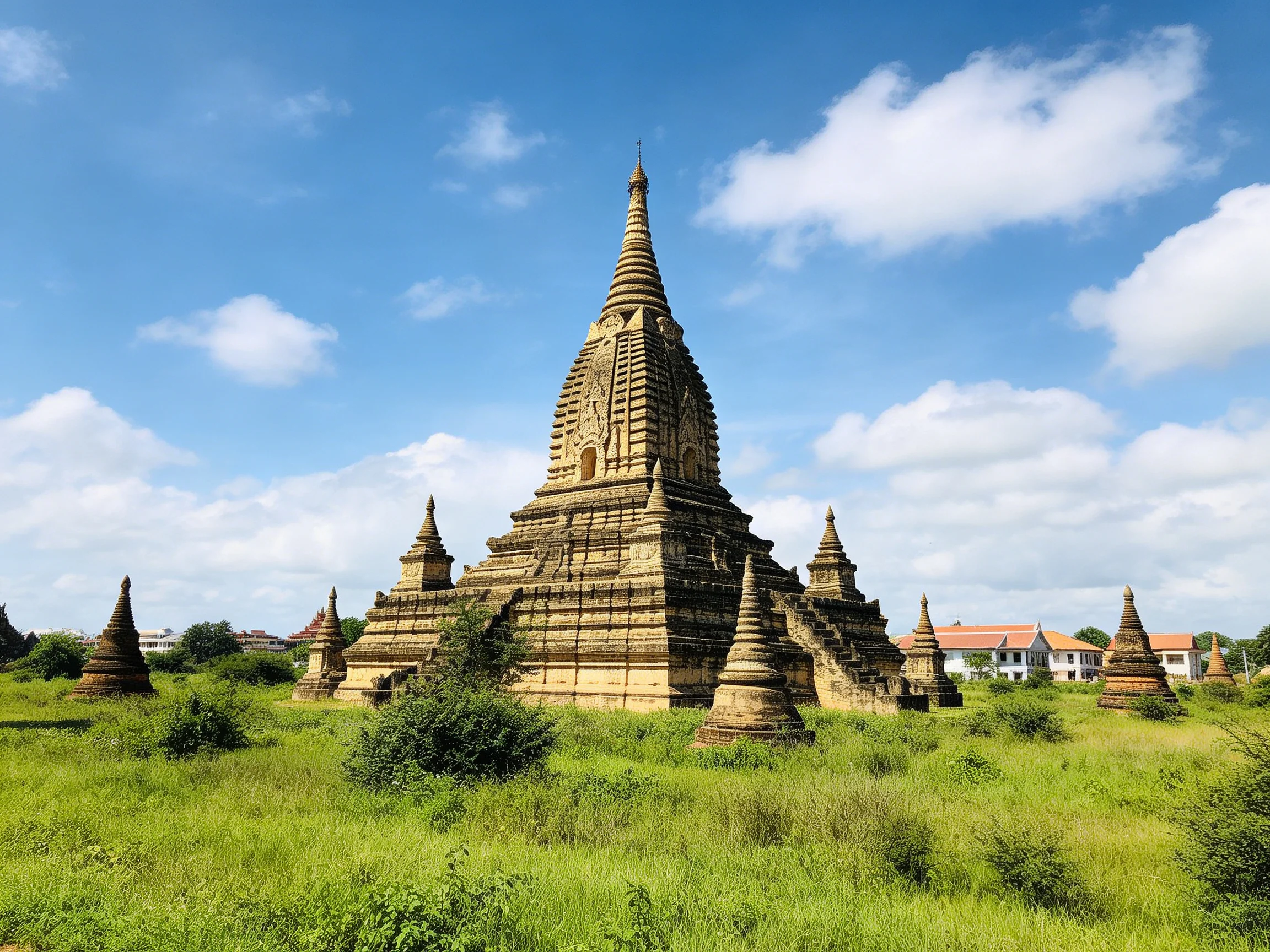 Ancient Buddhist Stupas in Lush Green Field Under Bright Blue Sky