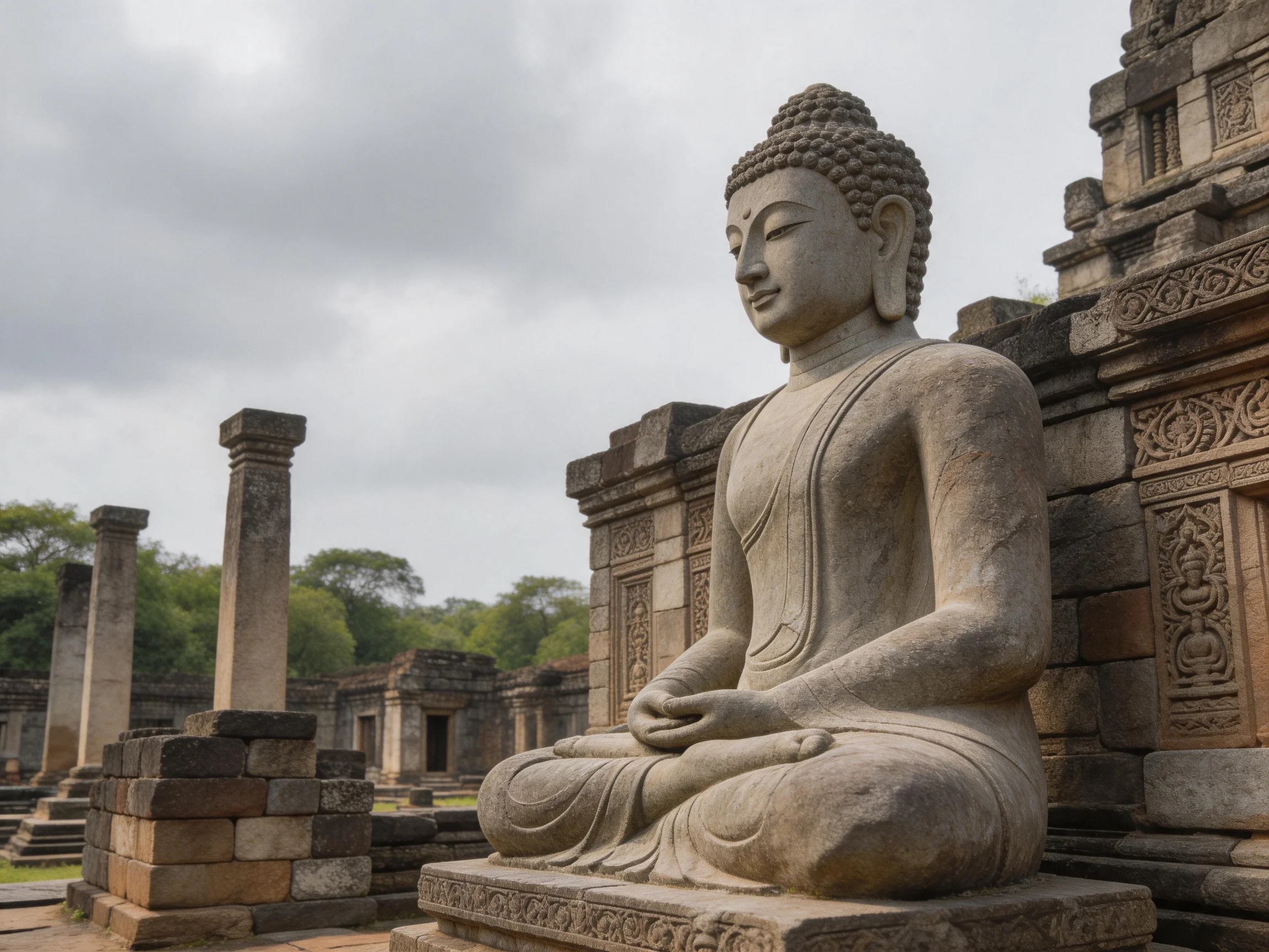 Ancient Buddhist Temple Ruins with Large Seated Stone Buddha