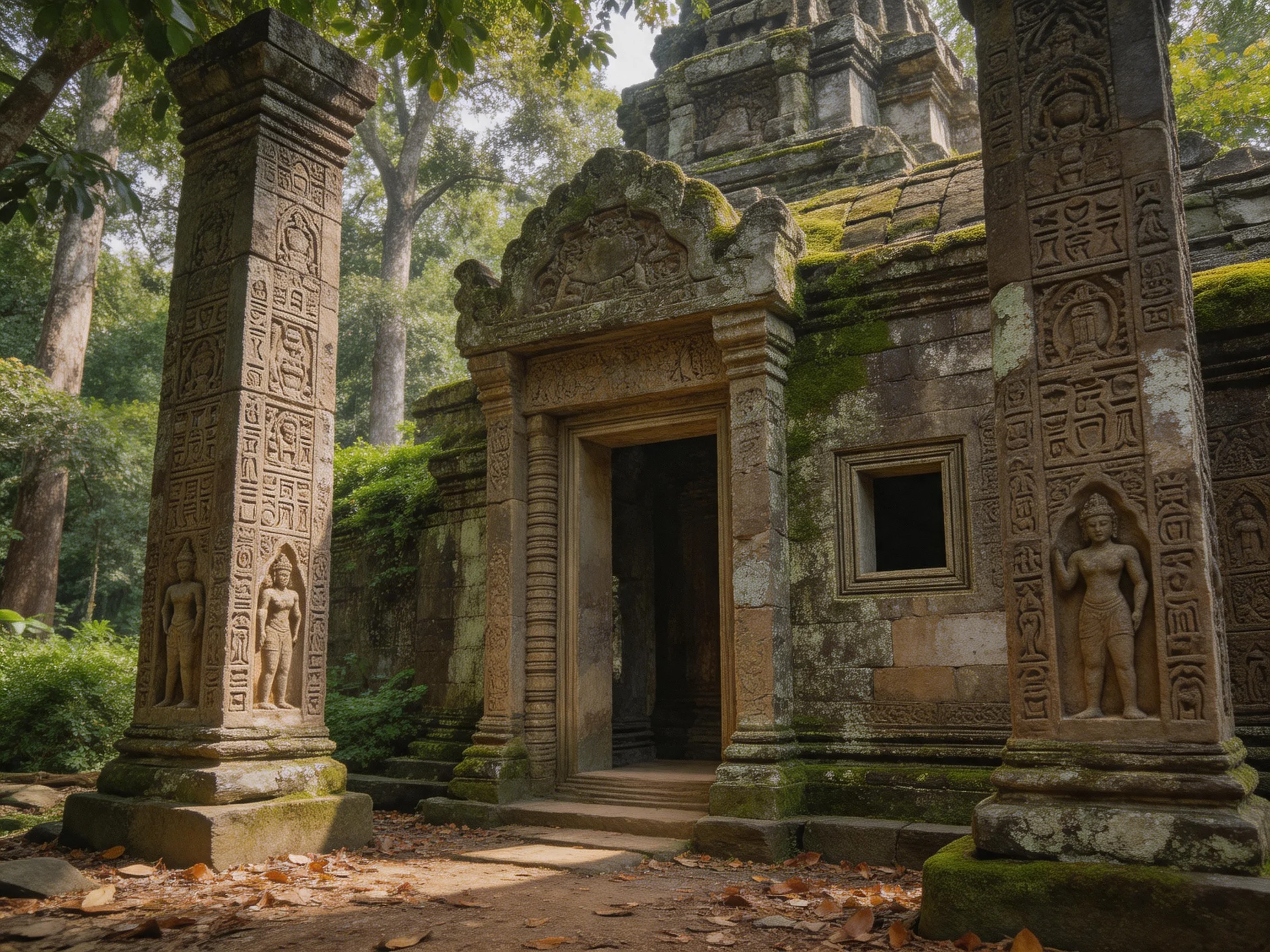 Ancient Carved Stone Temple Amid Lush Green Forest