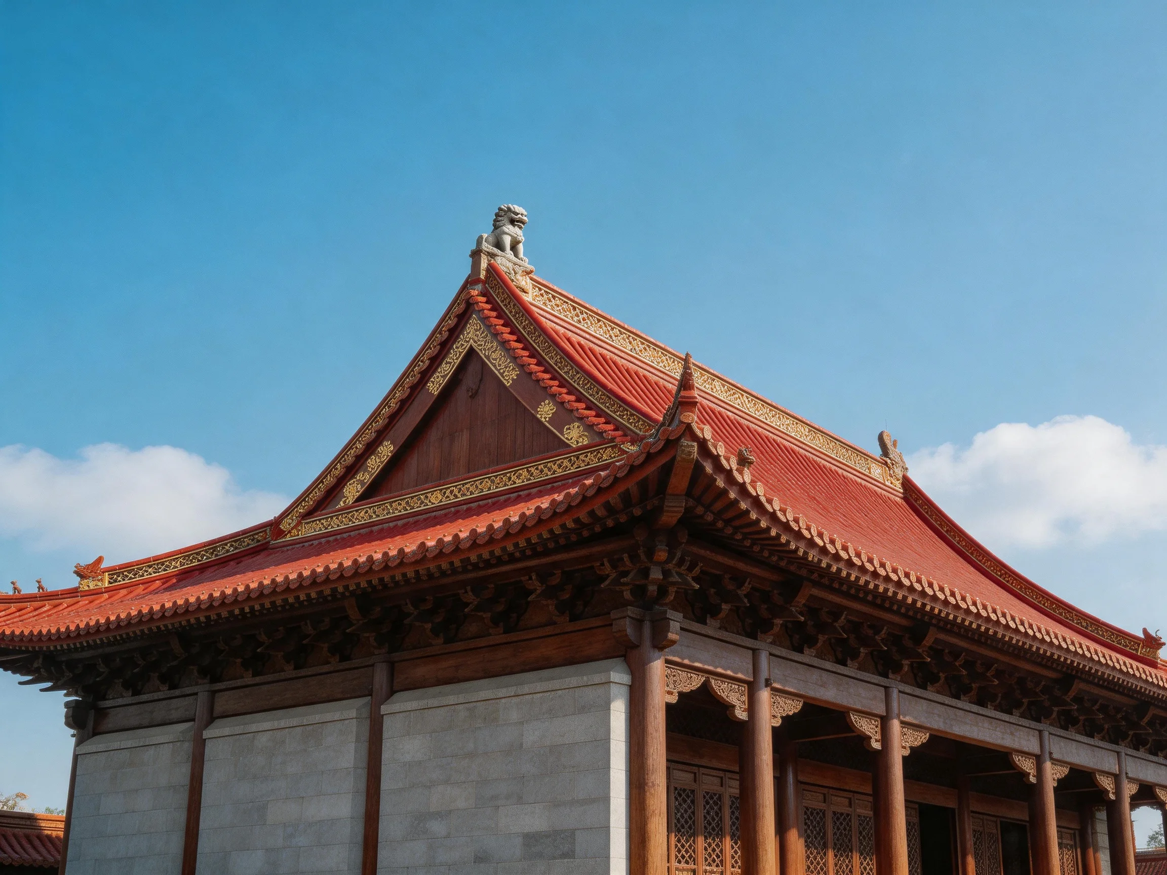 Ancient Chinese Temple with Red-Tiled Roof and Stone Walls