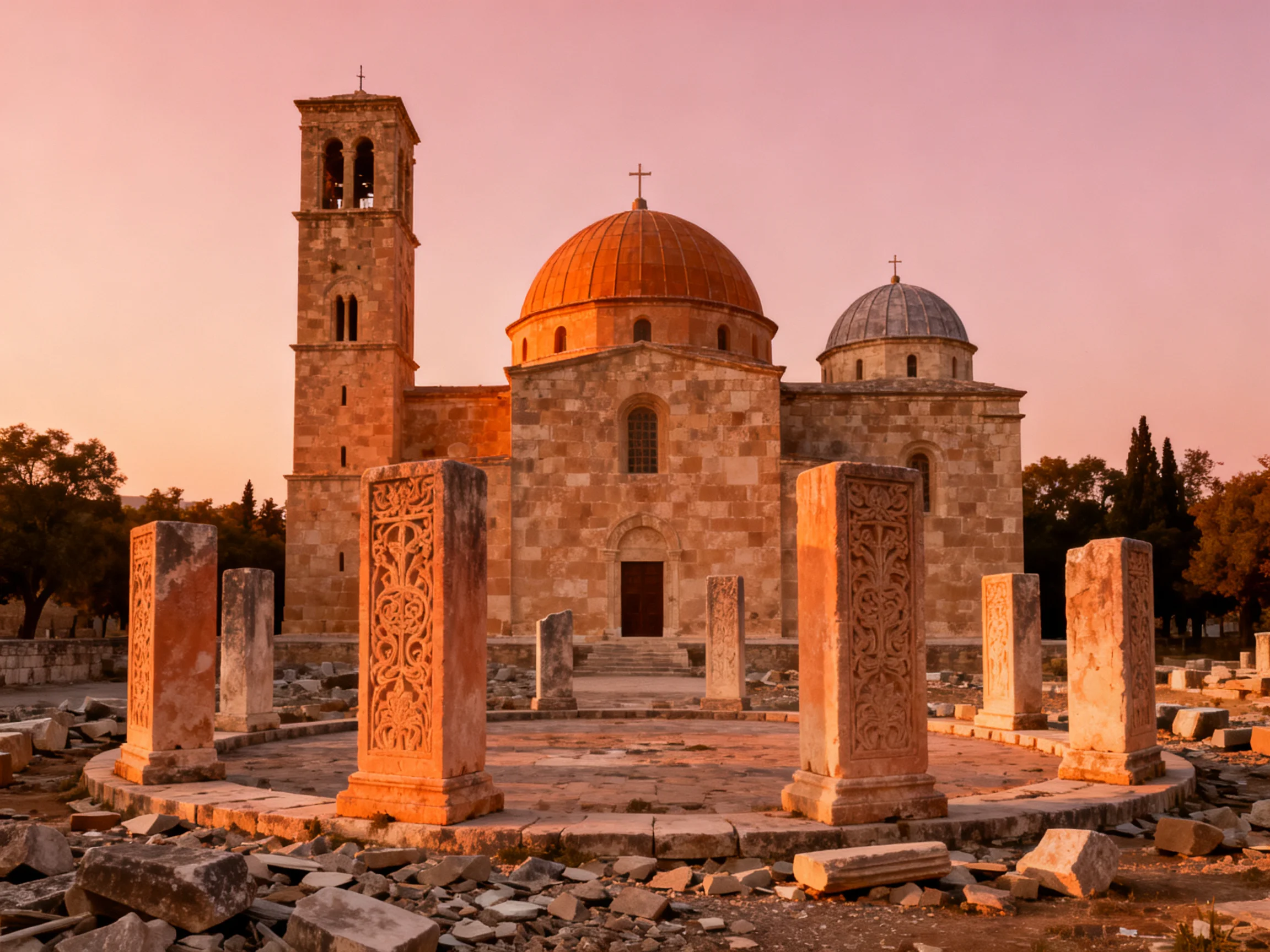 Ancient Church with Stone Columns and Sunset Lighting