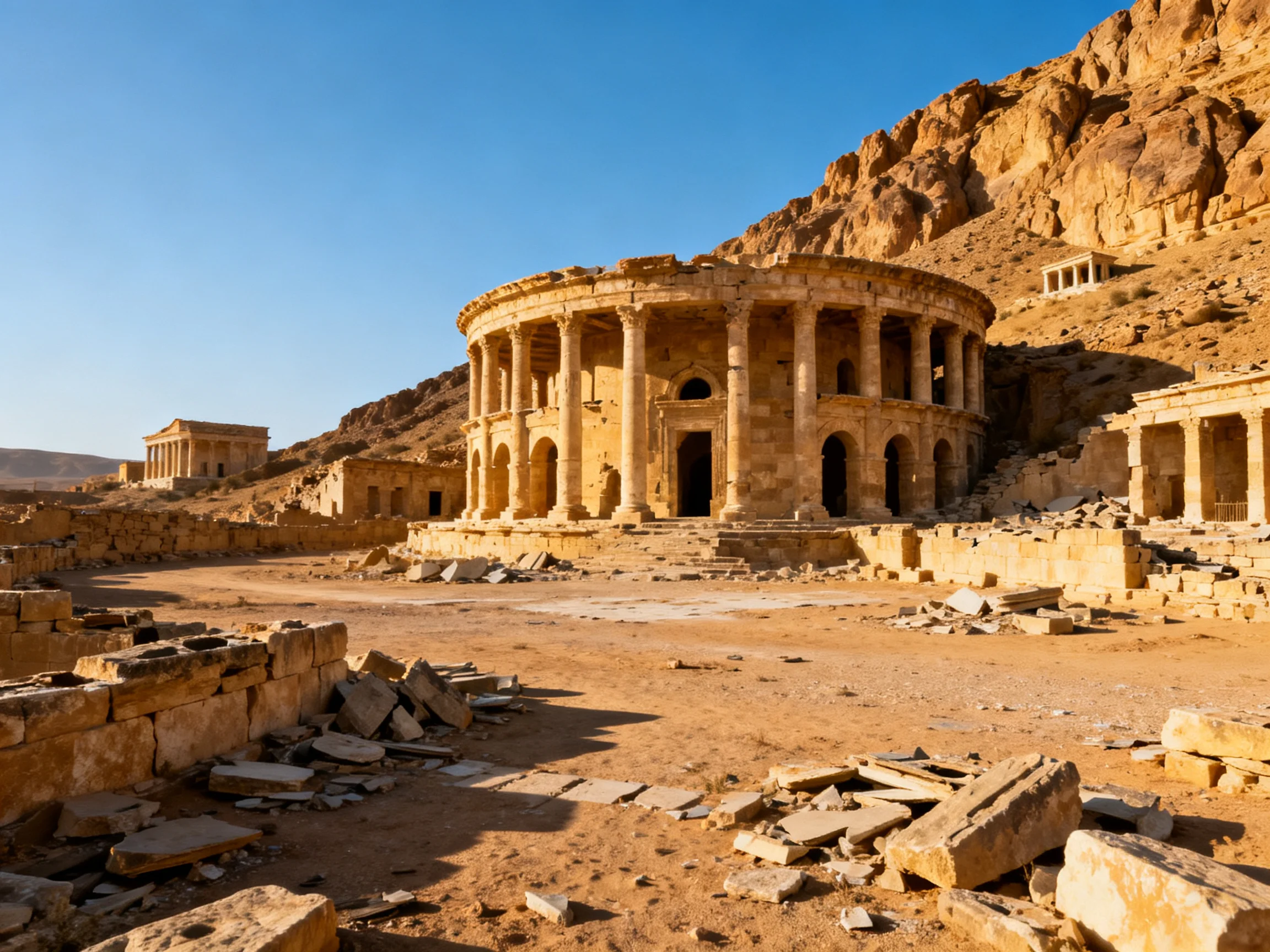 Ancient Circular Ruin Amidst Rocky Desert Terrain