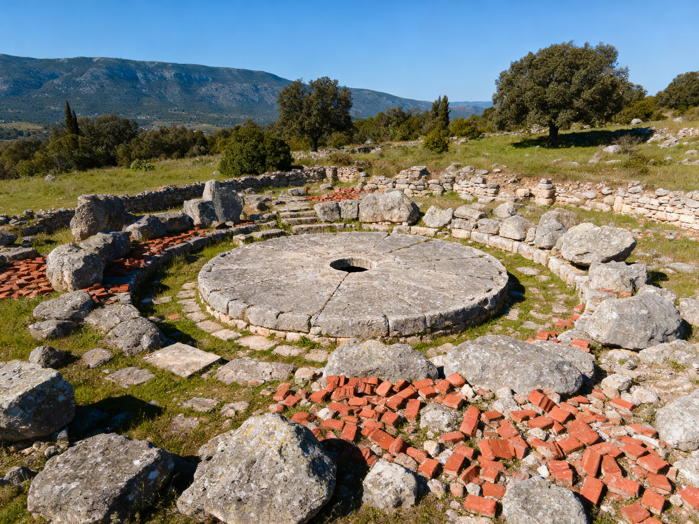 Ancient Circular Stone Ruin with Red Brick Fragments