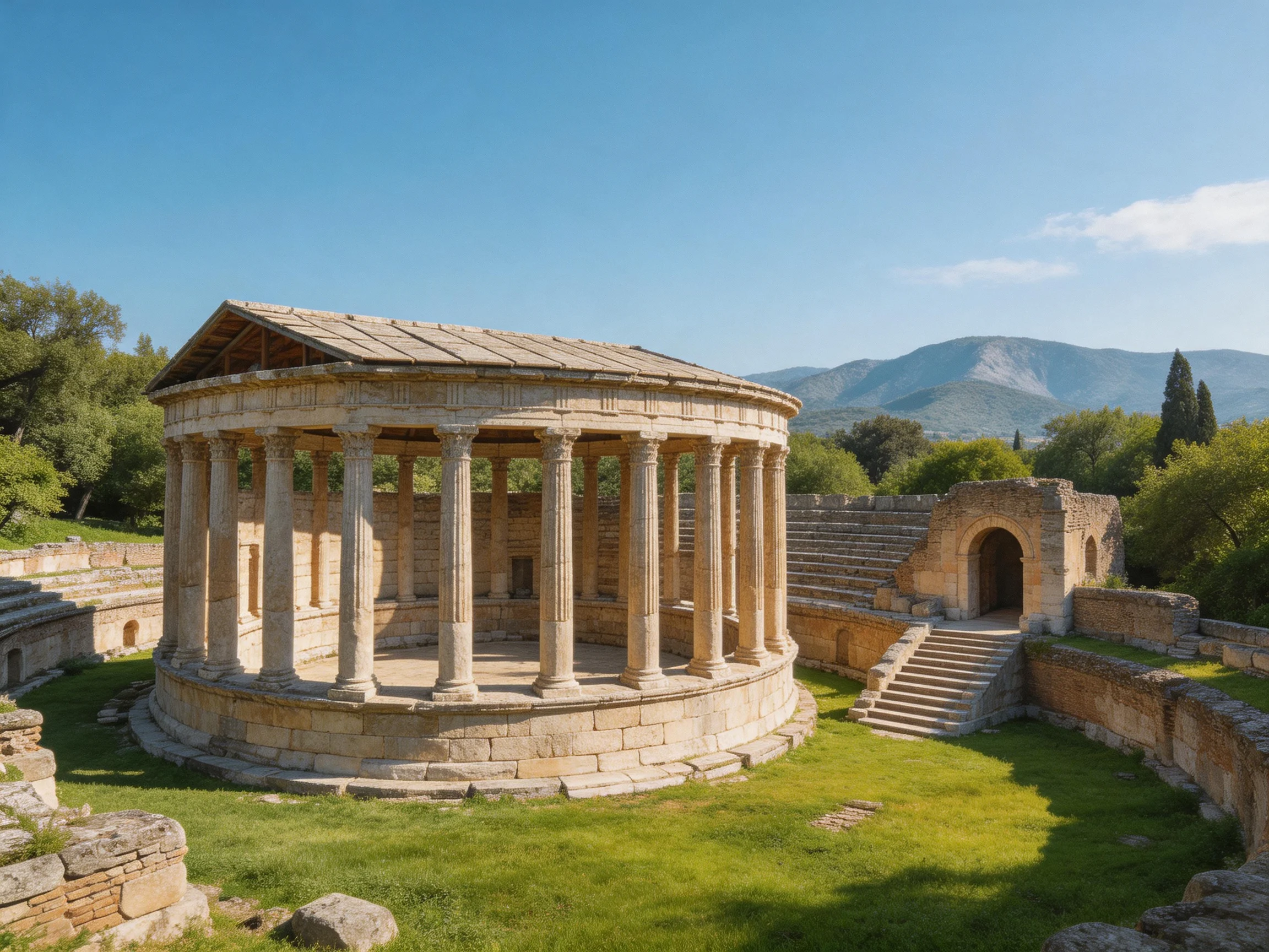 Ancient Circular Temple with Stone Columns and Green Landscape