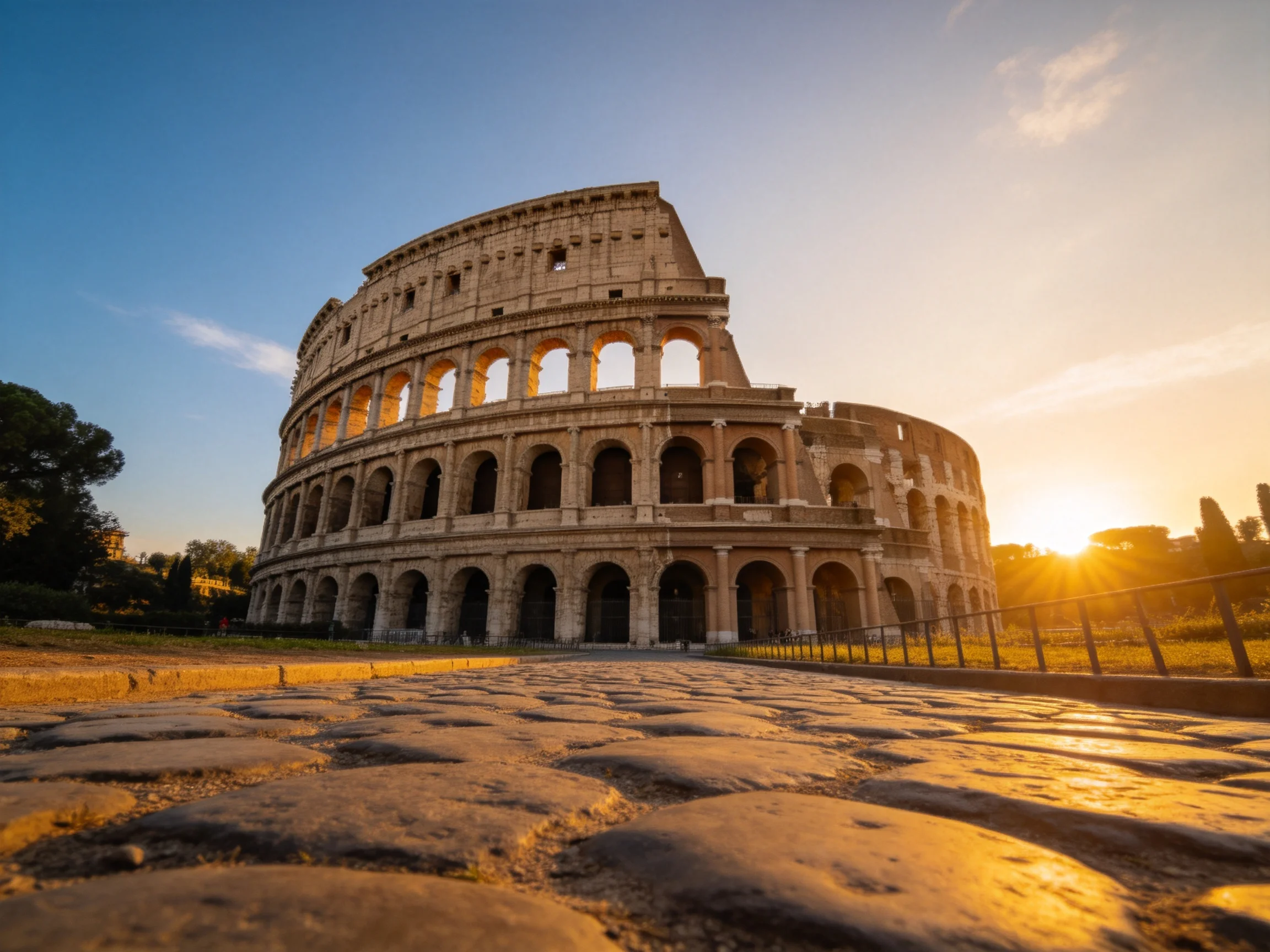 Ancient Colosseum illuminated by golden sunset light
