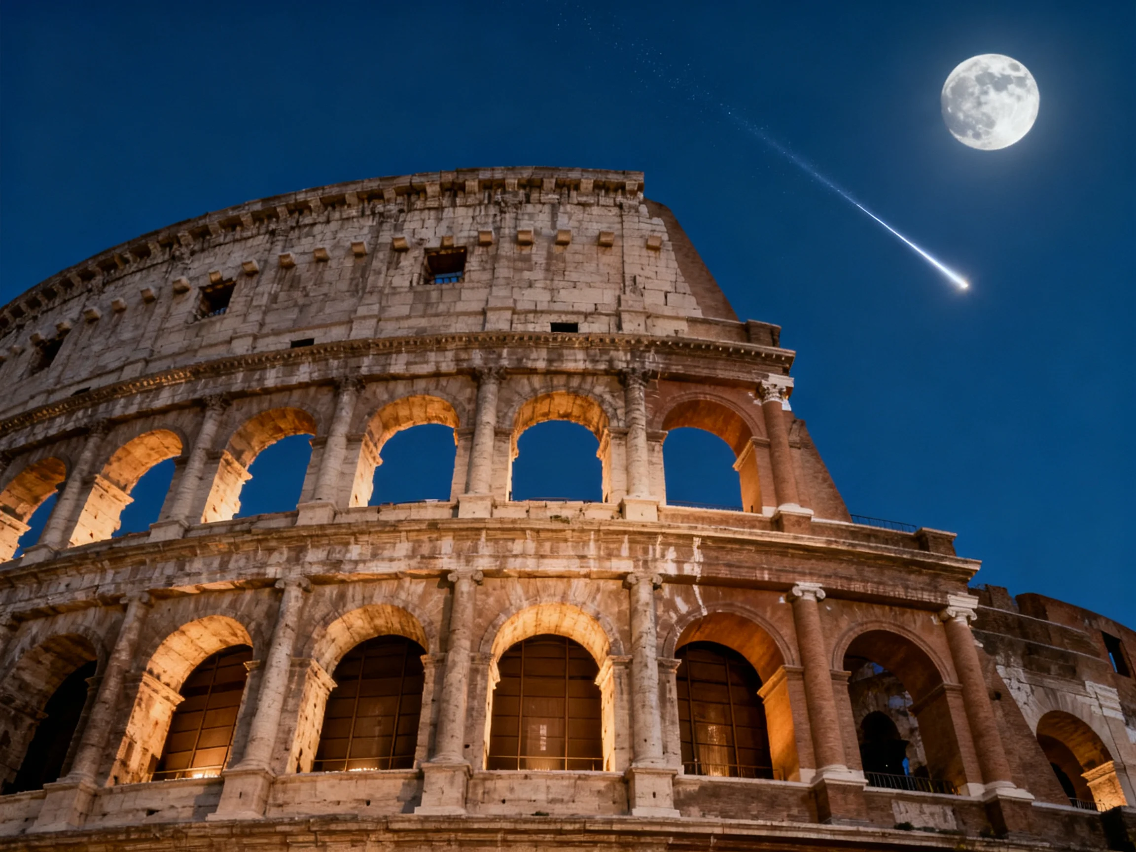 Ancient Colosseum illuminated under deep blue night sky with full moon