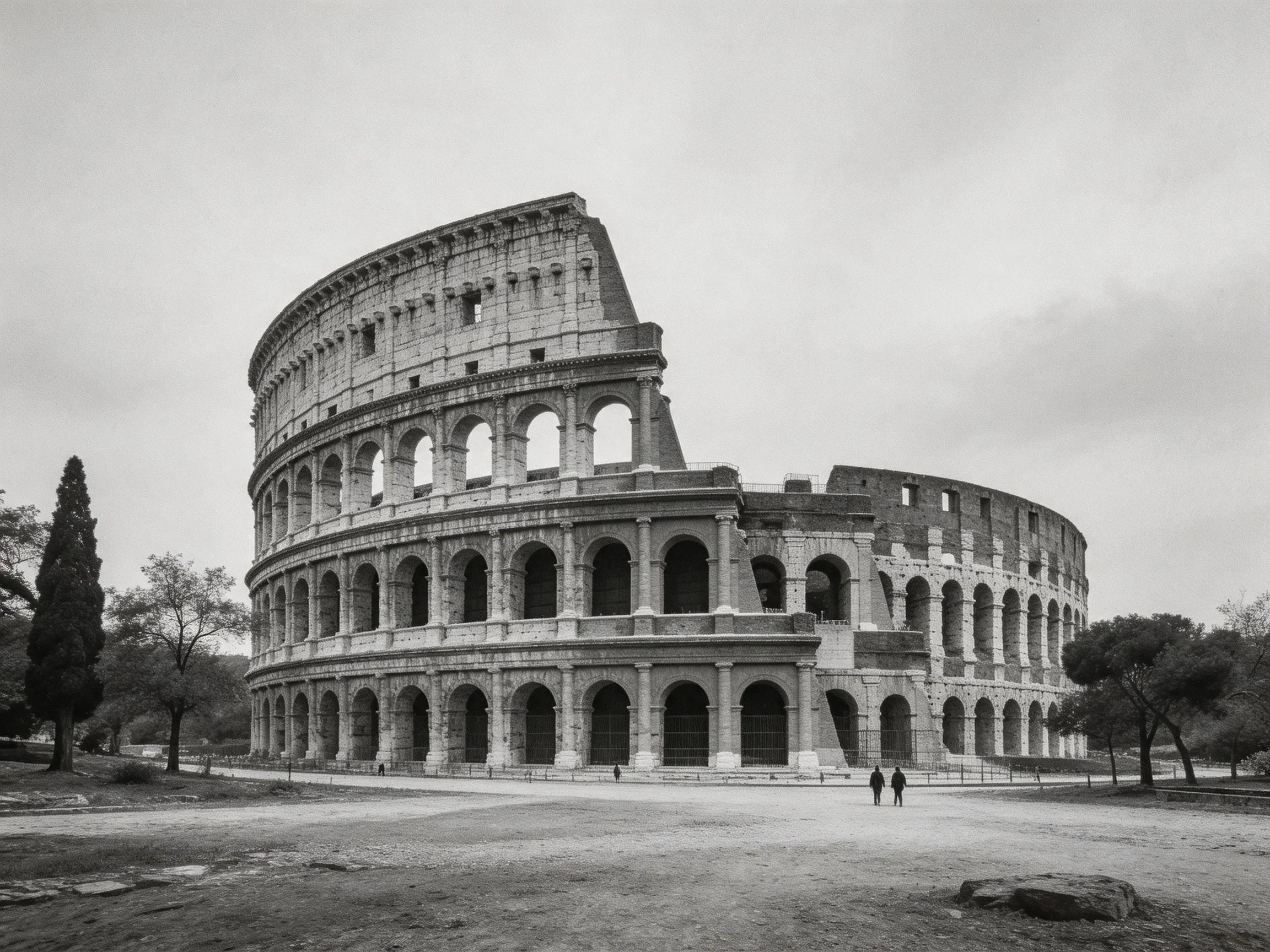 Ancient Colosseum in black and white with surrounding landscape