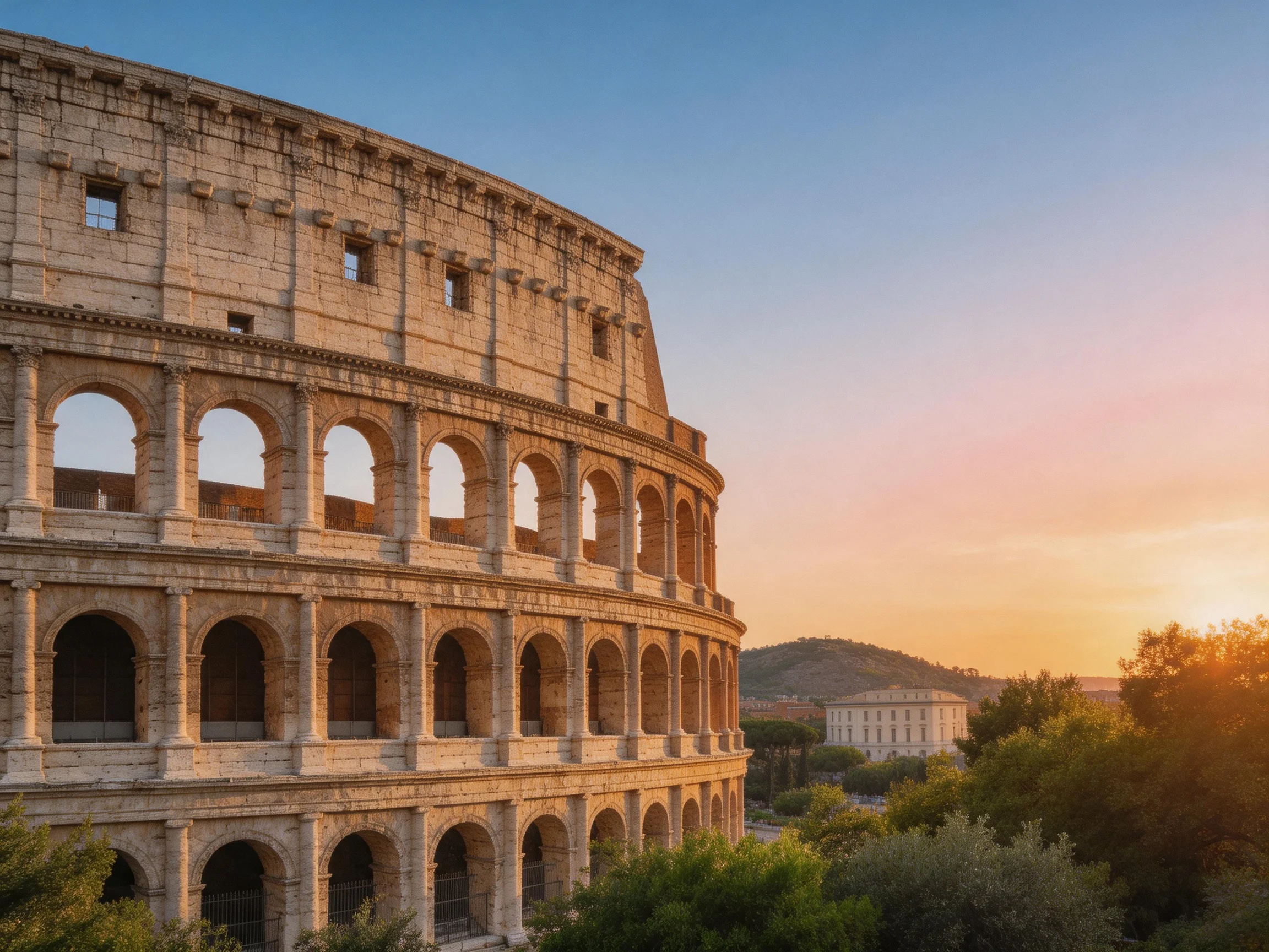 Ancient Colosseum lit by golden sunset near lush greenery