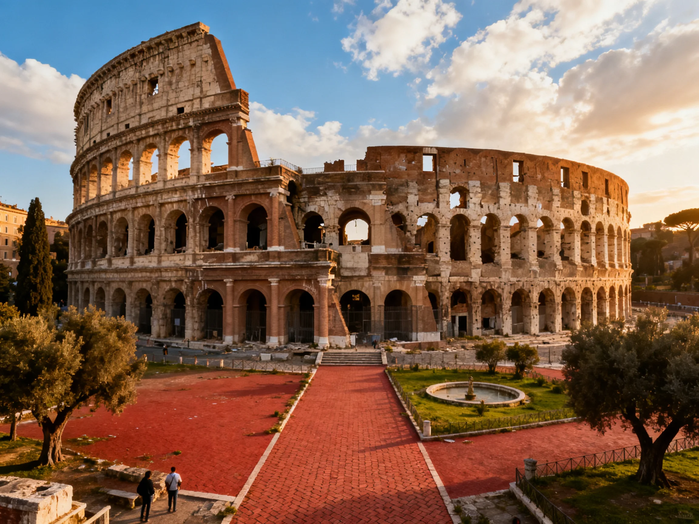 Ancient Colosseum ruins under golden sunset with red walkway