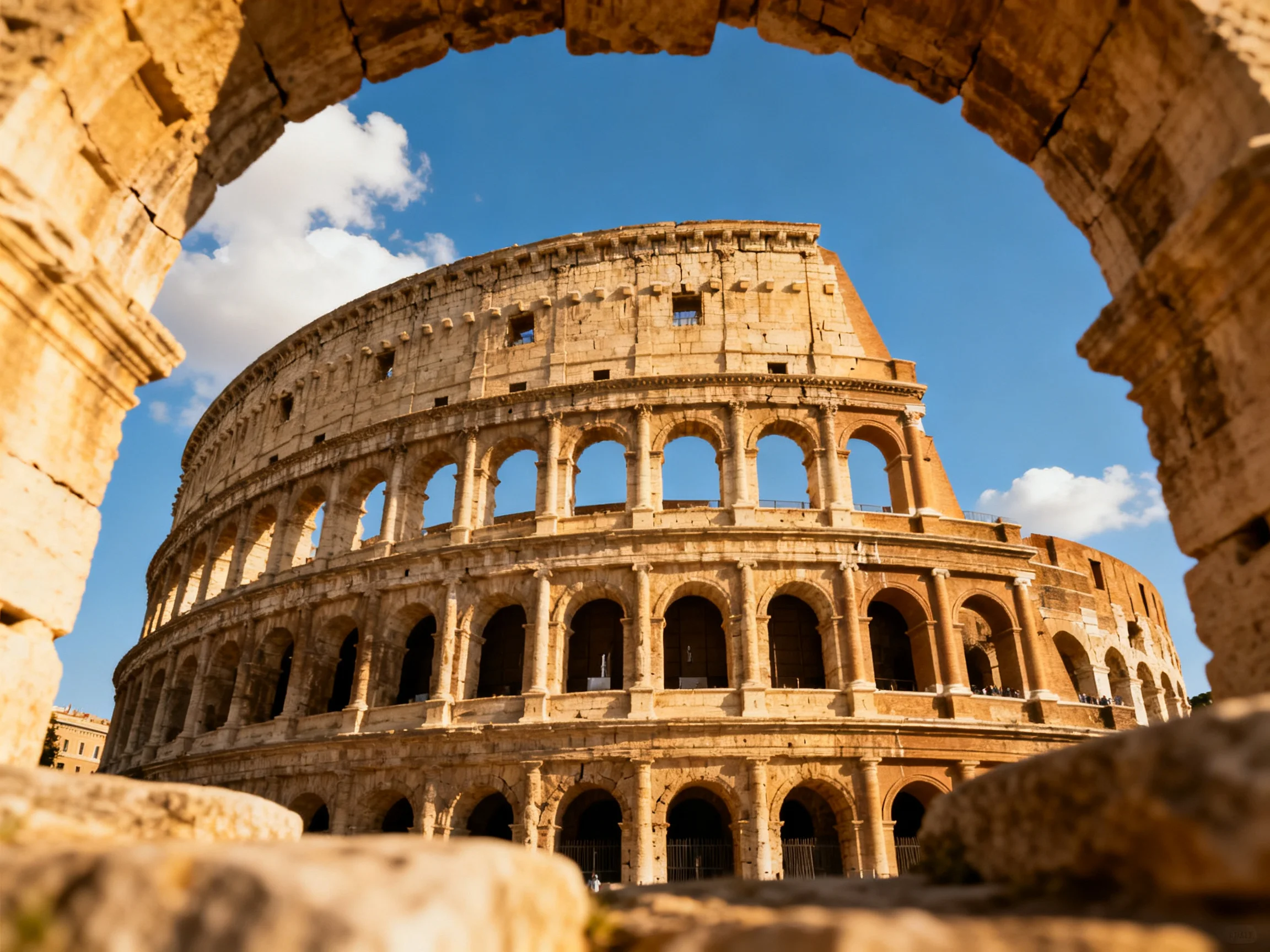 Ancient Colosseum viewed through an arched stone frame under bright blue sky