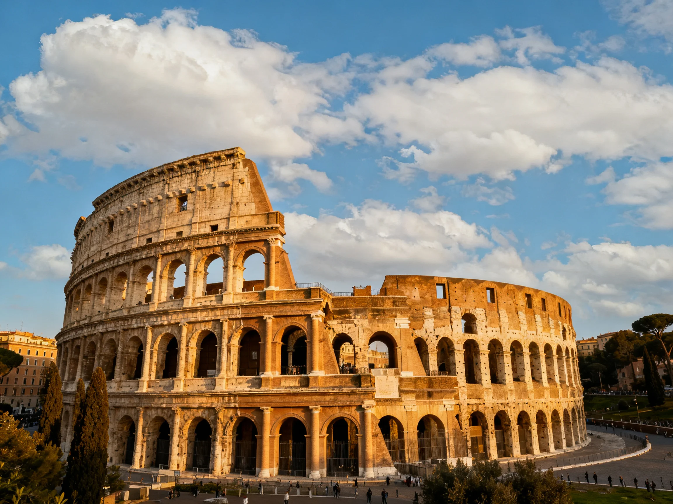 Ancient Colosseum with golden stone facade under blue sky