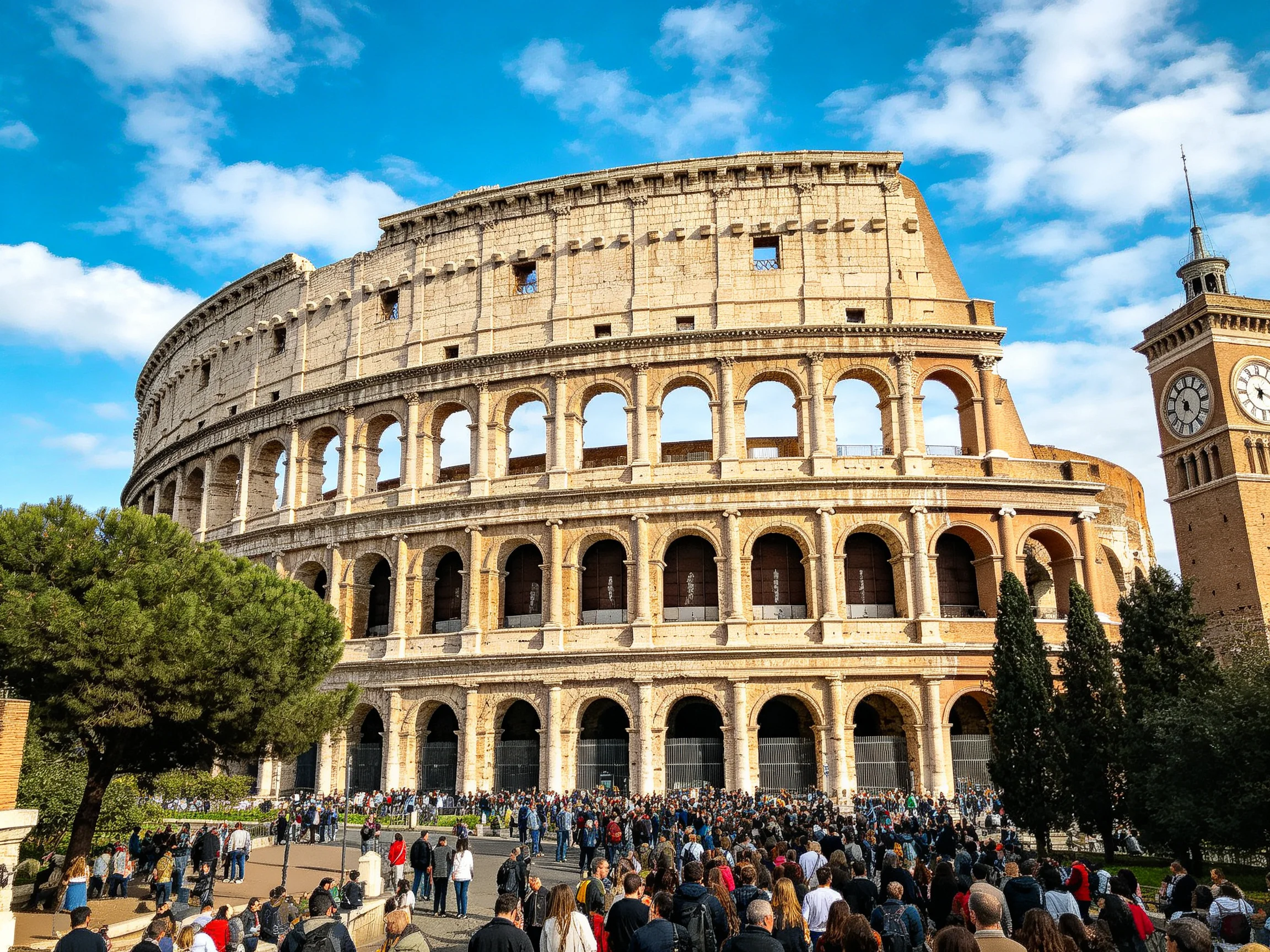 Ancient Colosseum with tourists near clock tower under sunny sky