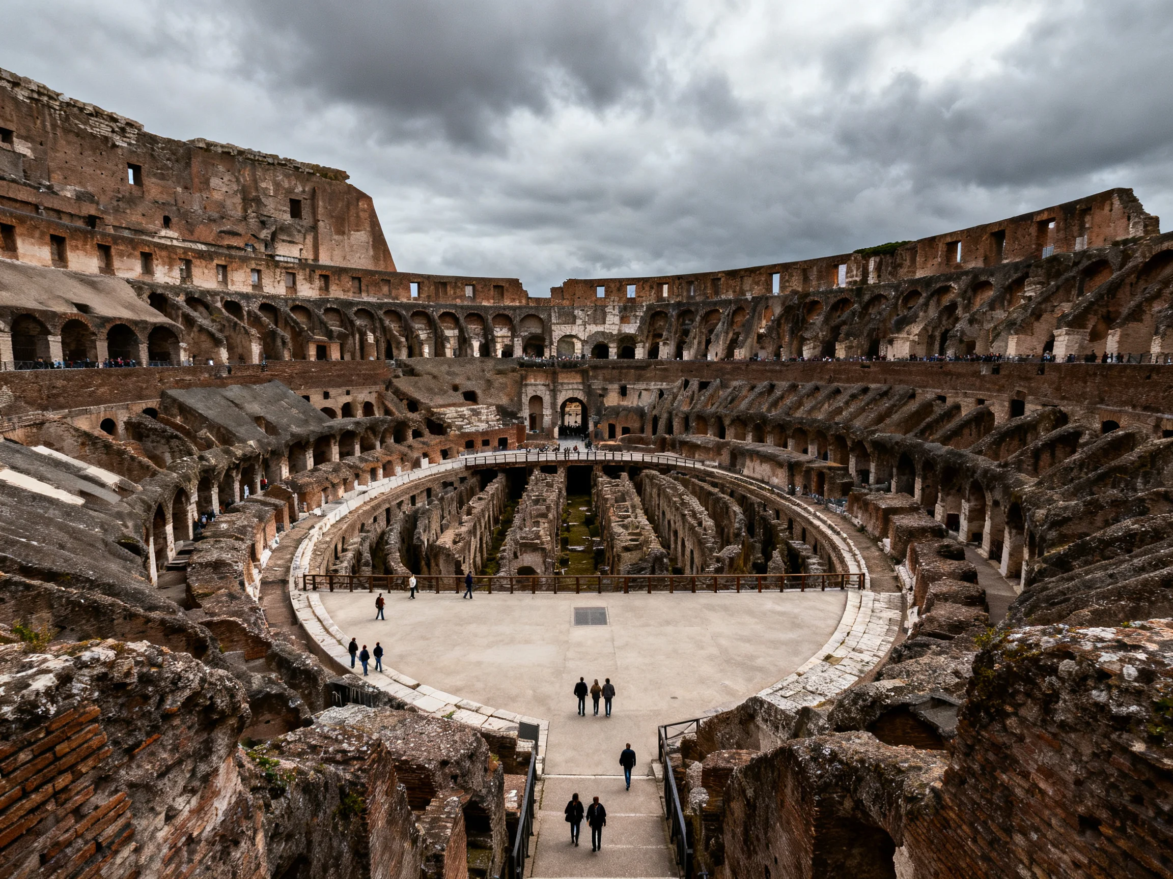 Ancient Colosseums Weathered Brick Tiers Under Gloomy Skies