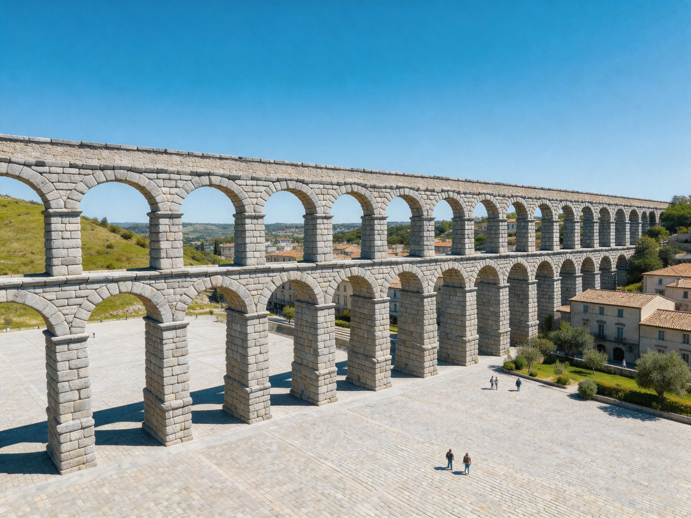 Ancient Double-Arched Aqueduct with Stone Columns Under Clear Blue Sky
