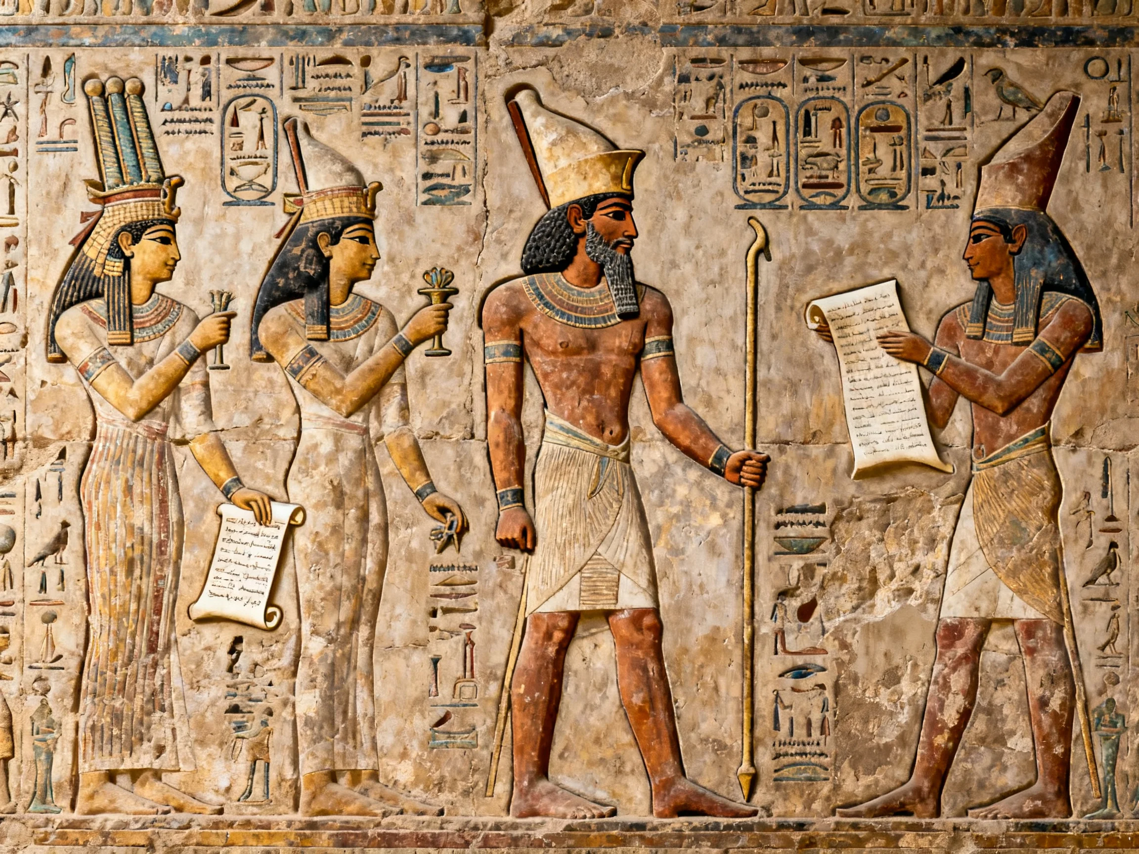 Ancient Egyptian Hieroglyphic Relief with Four Divine Figures and Scribes