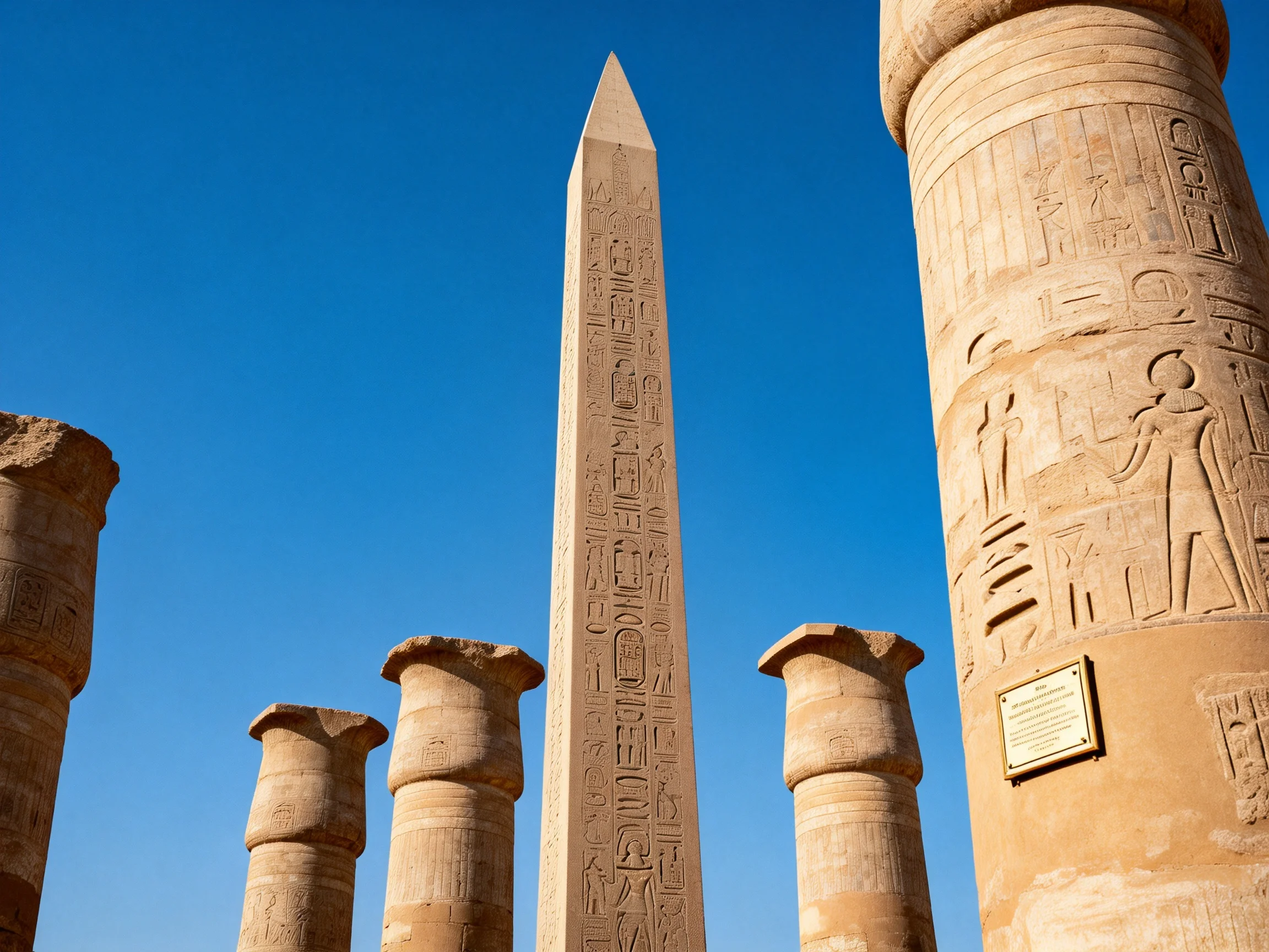 Ancient Egyptian Obelisk Among Carved Stone Columns Under Bright Blue Sky