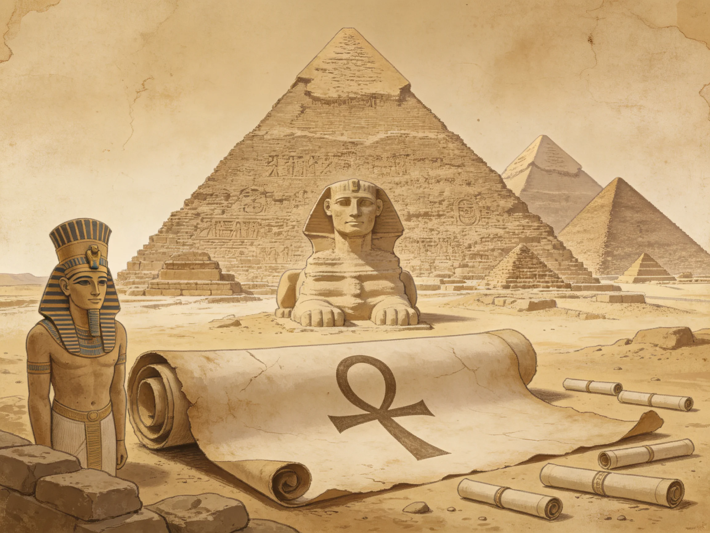 Ancient Egyptian Pyramids, Sphinx, and Pharaonic Scroll Scene
