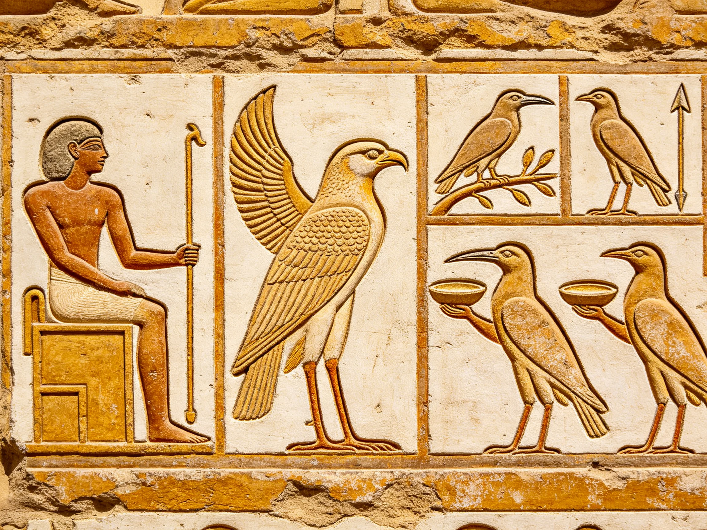 Ancient Egyptian Stone Relief with Human Figure and Birds