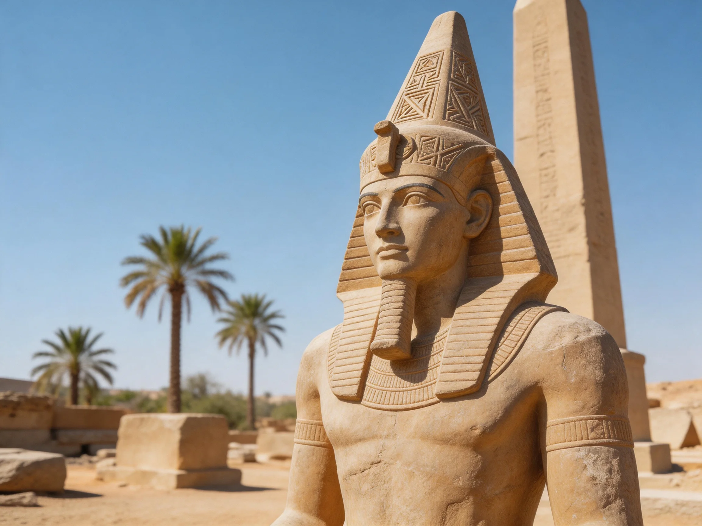 Ancient Egyptian Stone Statue Near Obelisk with Palm Trees Under Clear Blue Sky