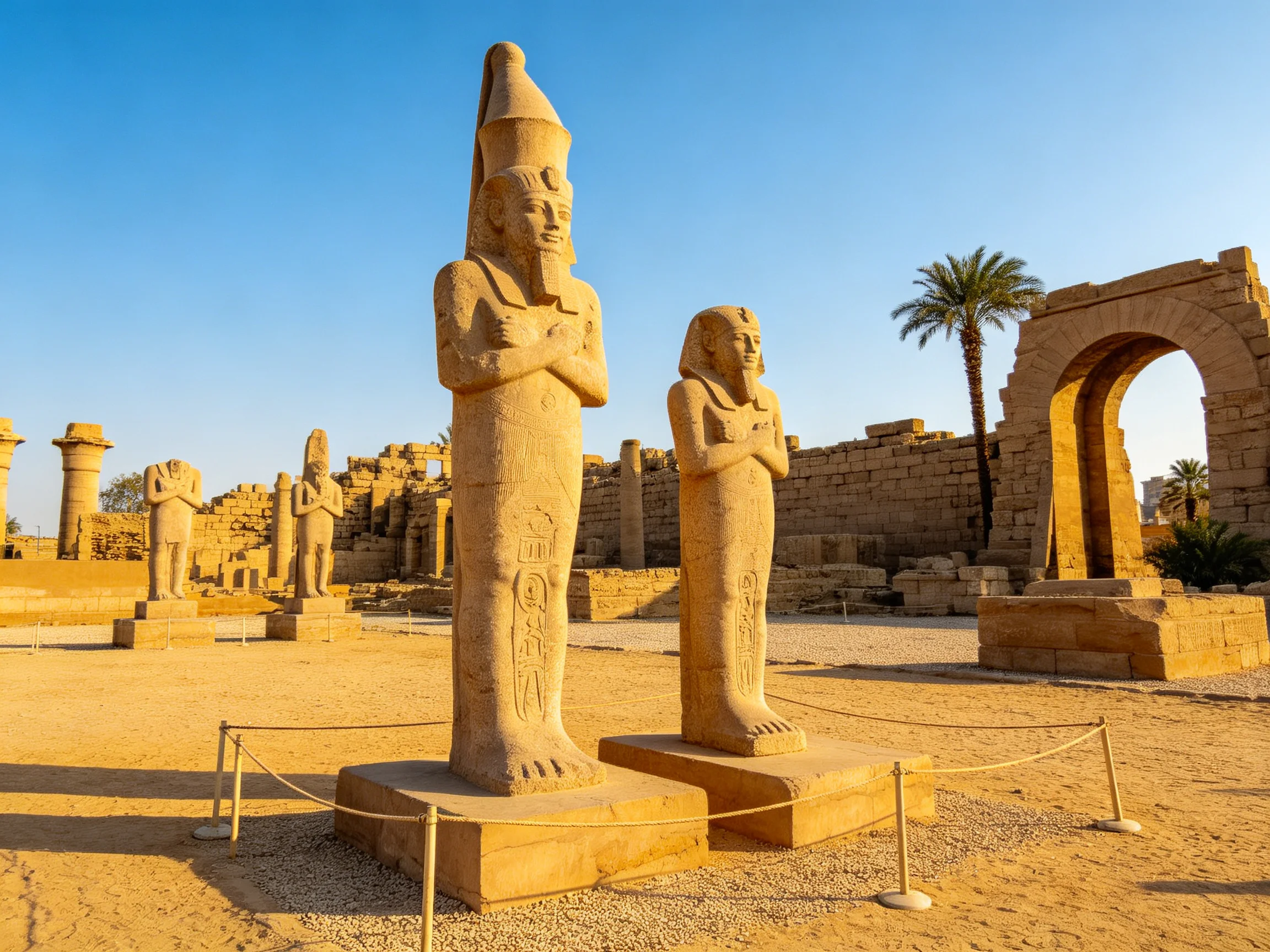 Ancient Egyptian Stone Statues in Sandy Archaeological Site