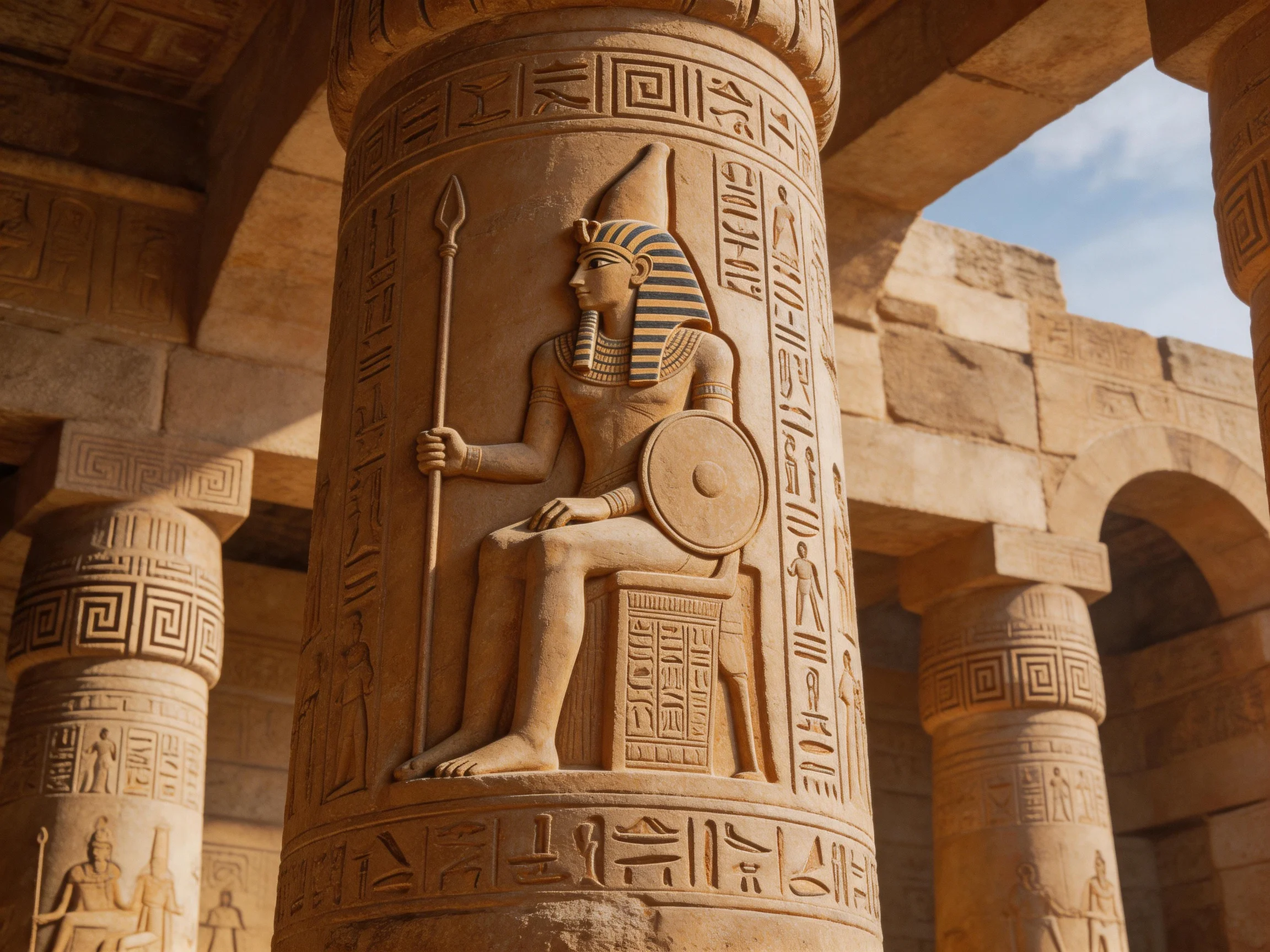 Ancient Egyptian Temple Column with Intricate Hieroglyphic and Deity Carvings