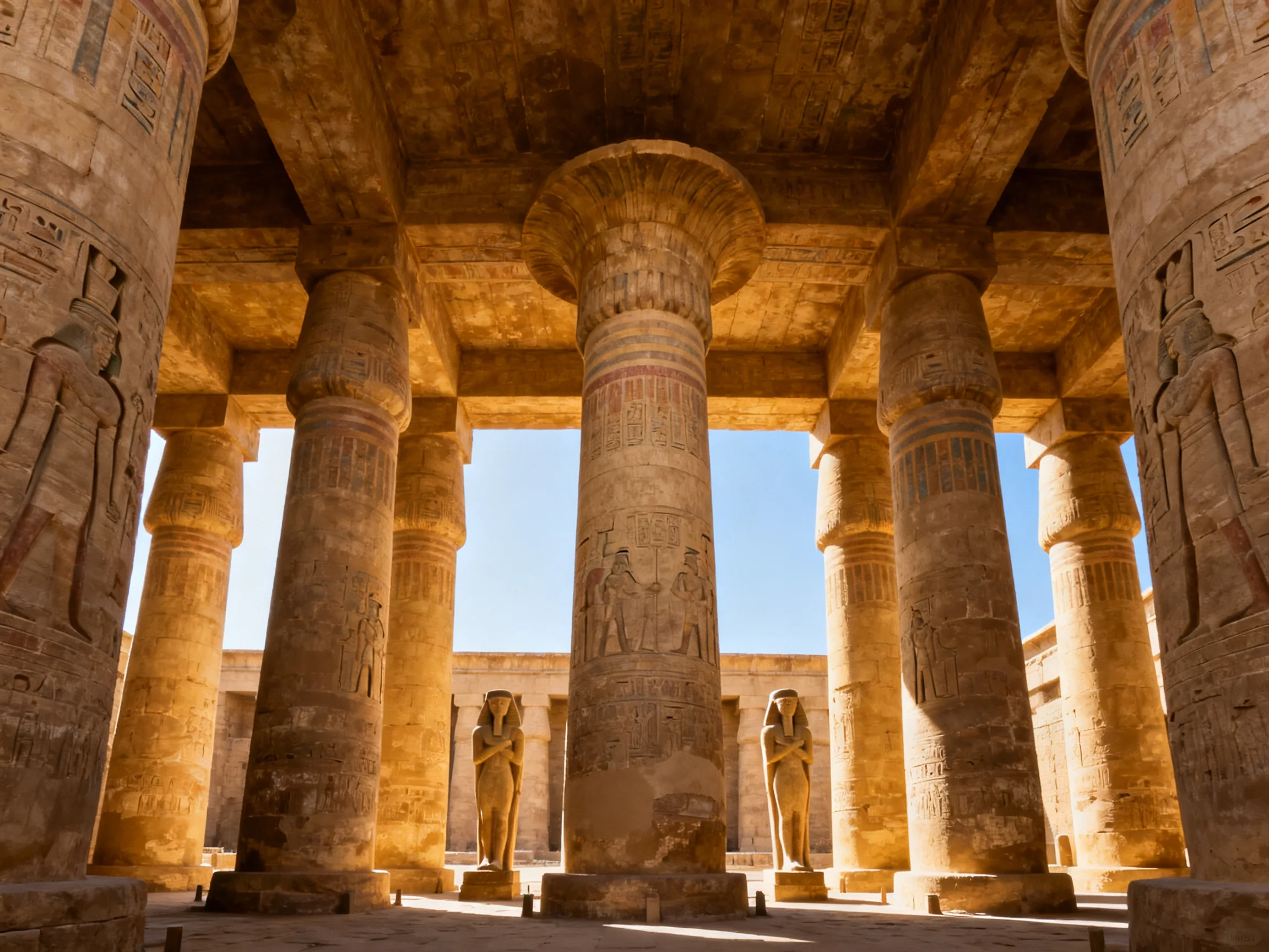 Ancient Egyptian Temple Columns with Carved Statues and Warm Lighting
