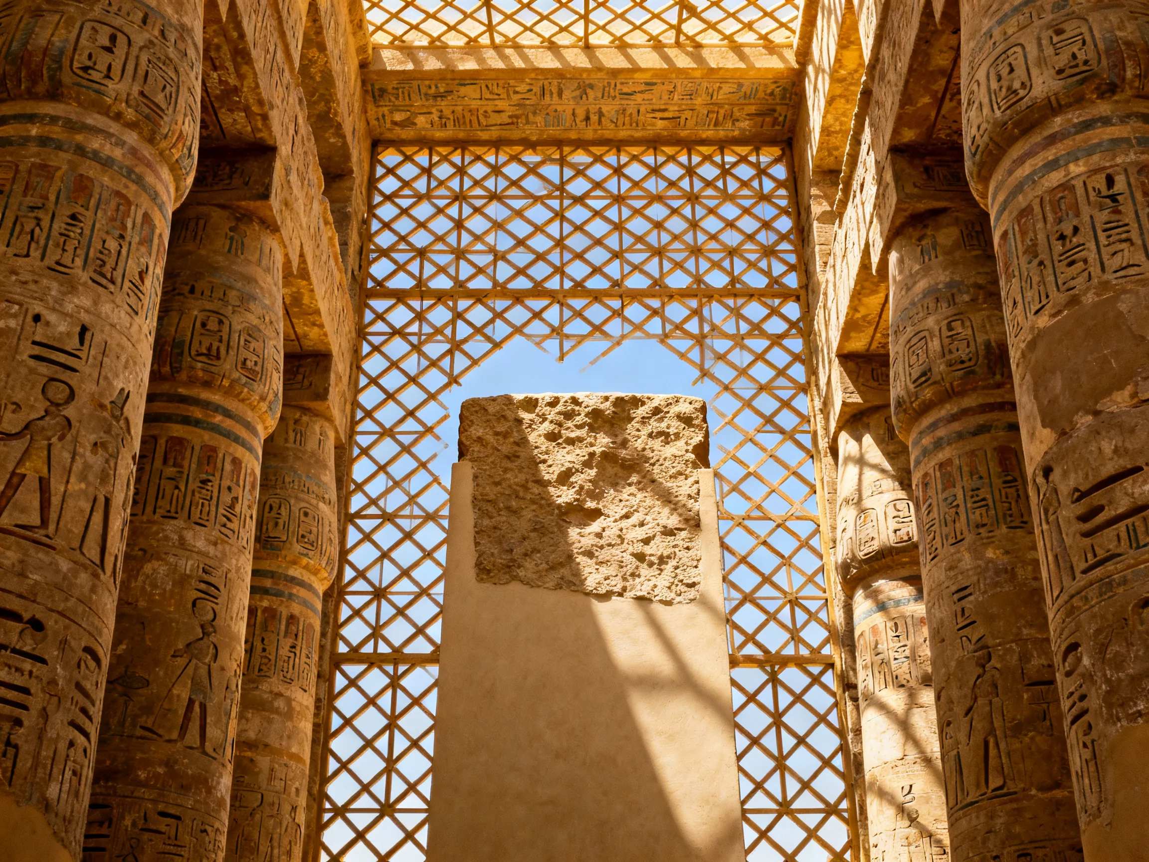 Ancient Egyptian Temple Interior with Carved Columns and Lattice Window