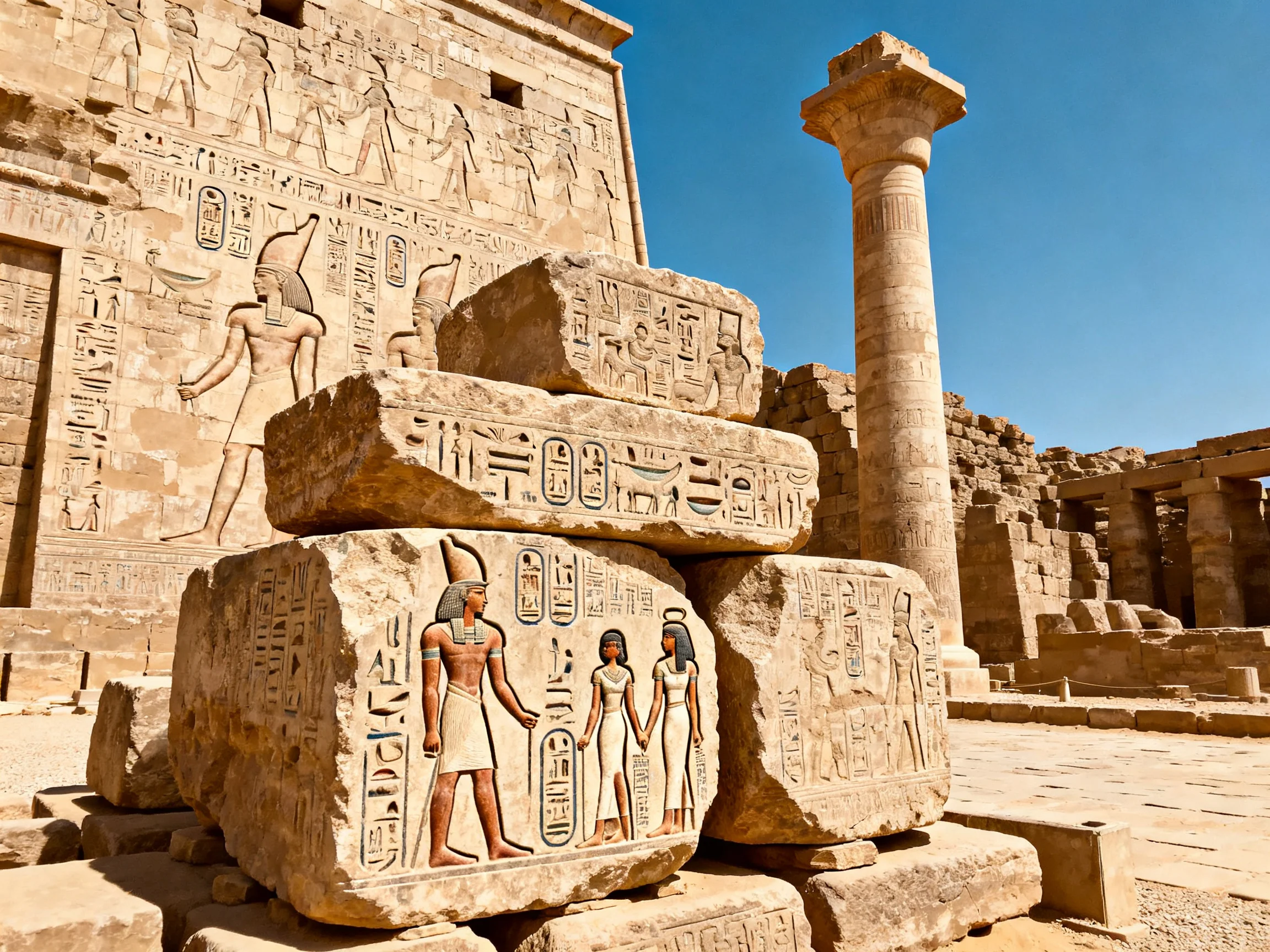 Ancient Egyptian Temple Ruins with Carved Stone Blocks and Hieroglyphics