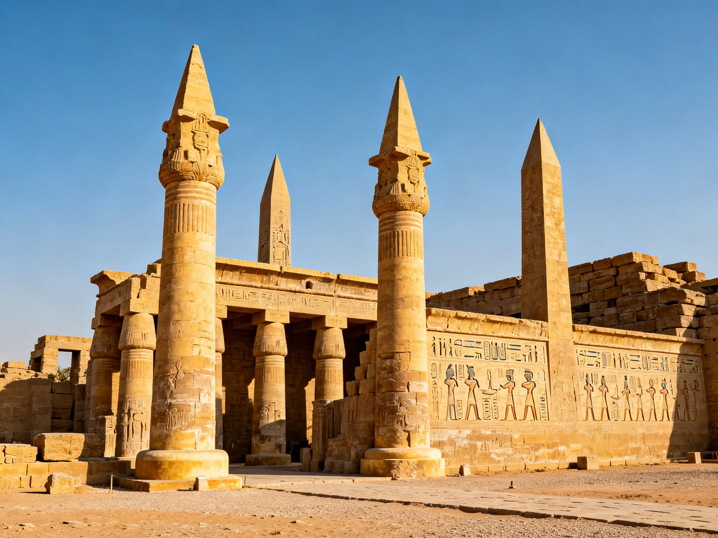 Ancient Egyptian Temple Ruins with Stone Columns and Obelisks