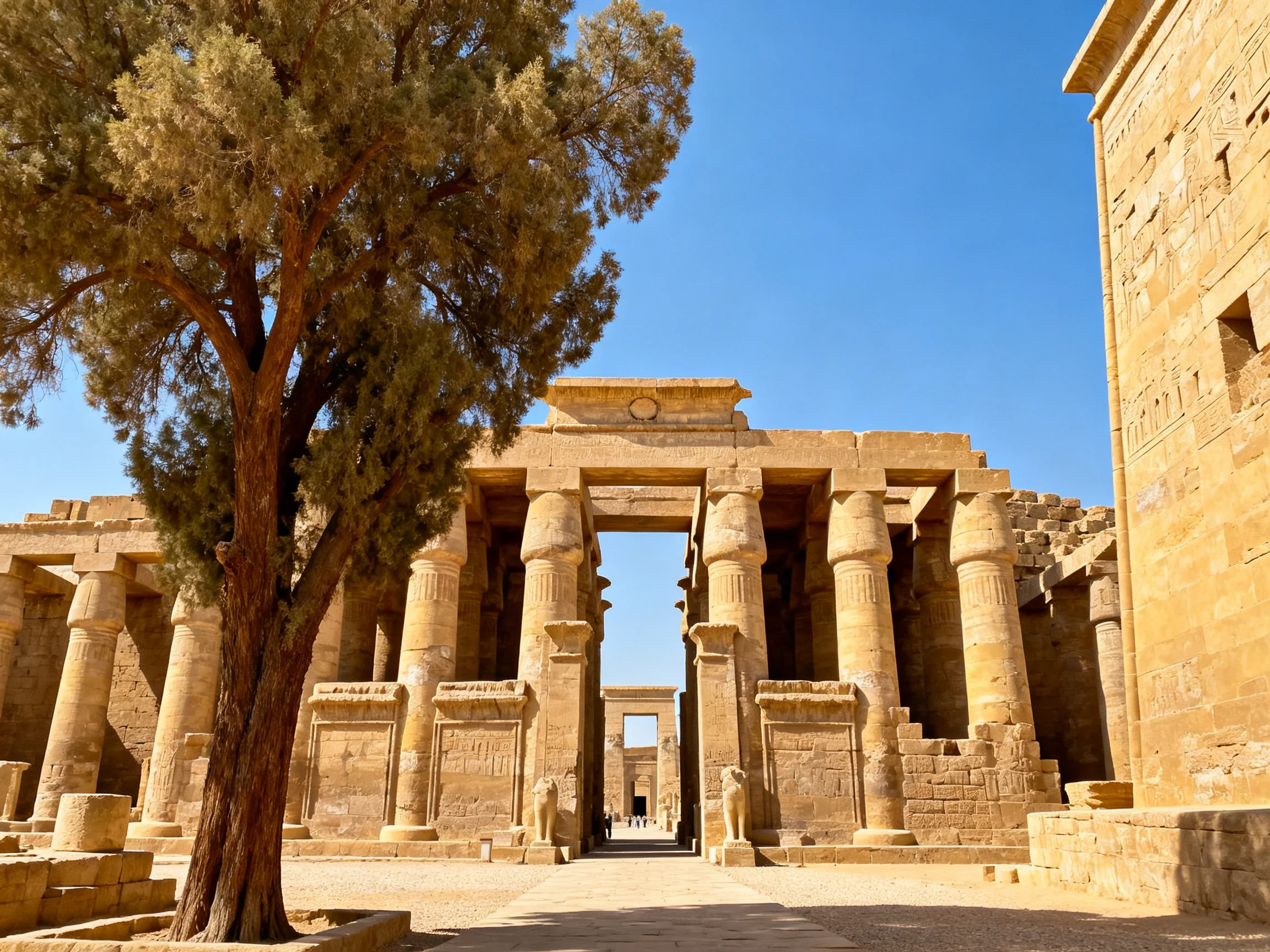 Ancient Egyptian Temple Ruins with Stone Columns and a Large Tree