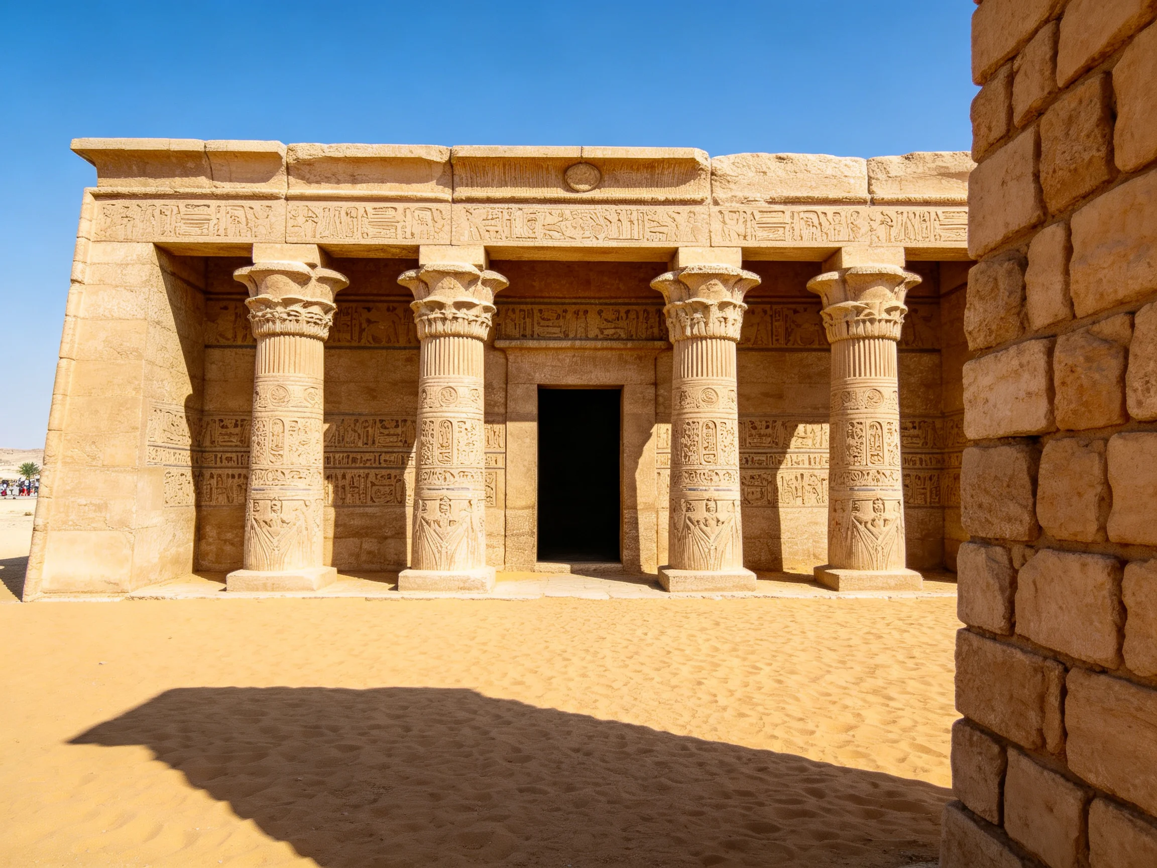 Ancient Egyptian Temple with Four Ornate Stone Columns