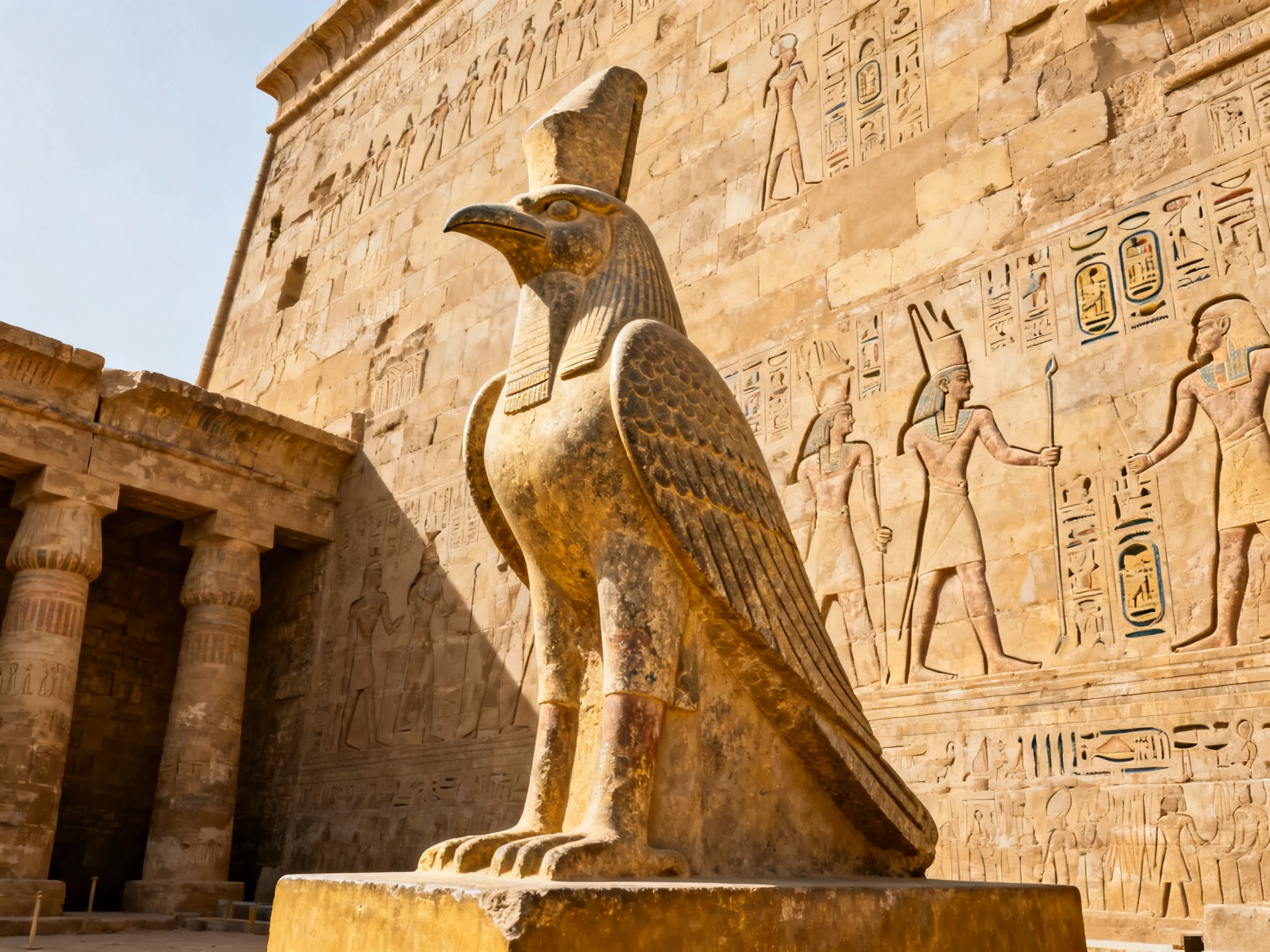 Ancient Egyptian Temple with Hawk God Statue and Hieroglyphic Wall