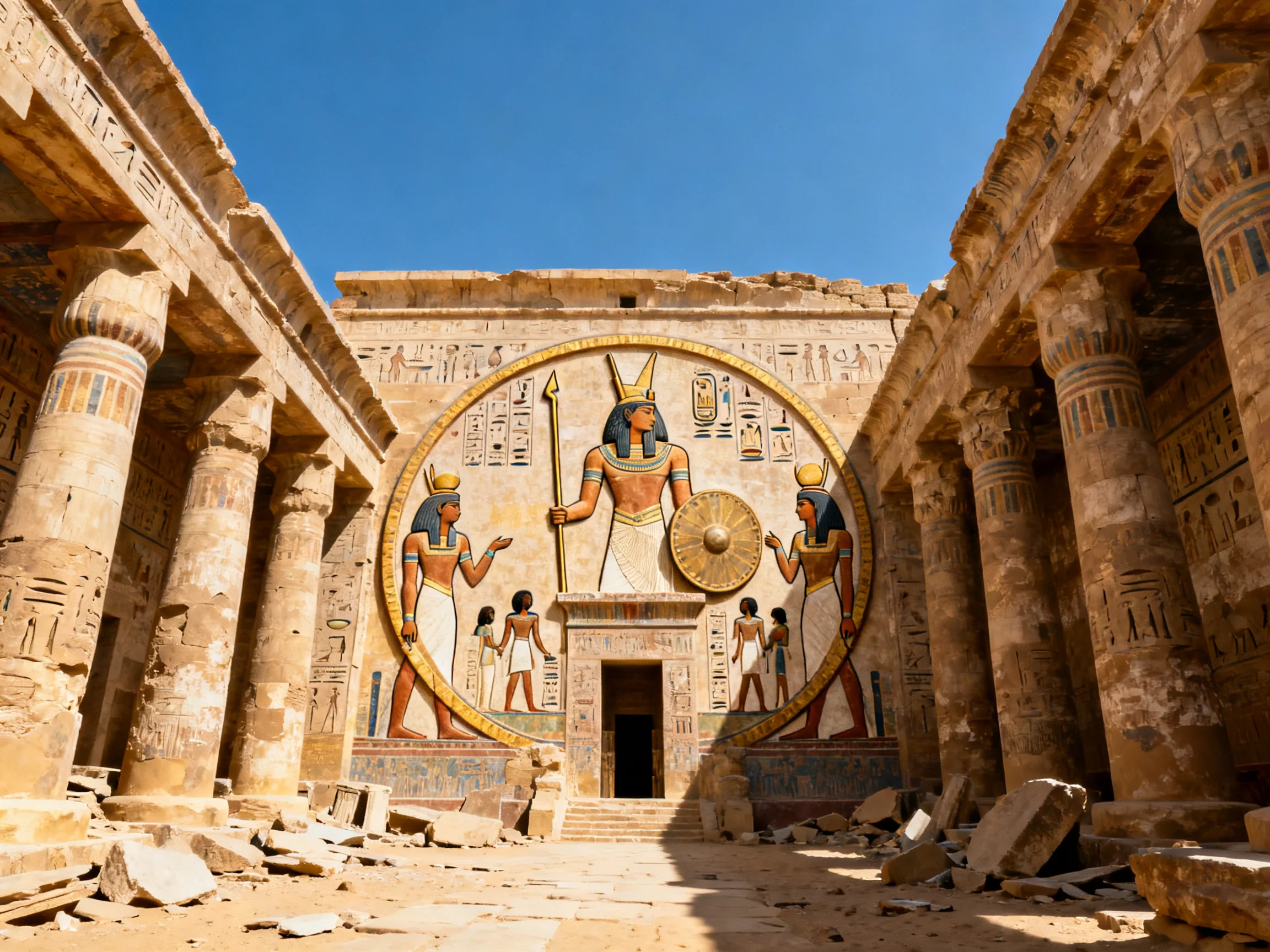 Ancient Egyptian Temple with Large Colorful Wall Murals and Stone Columns