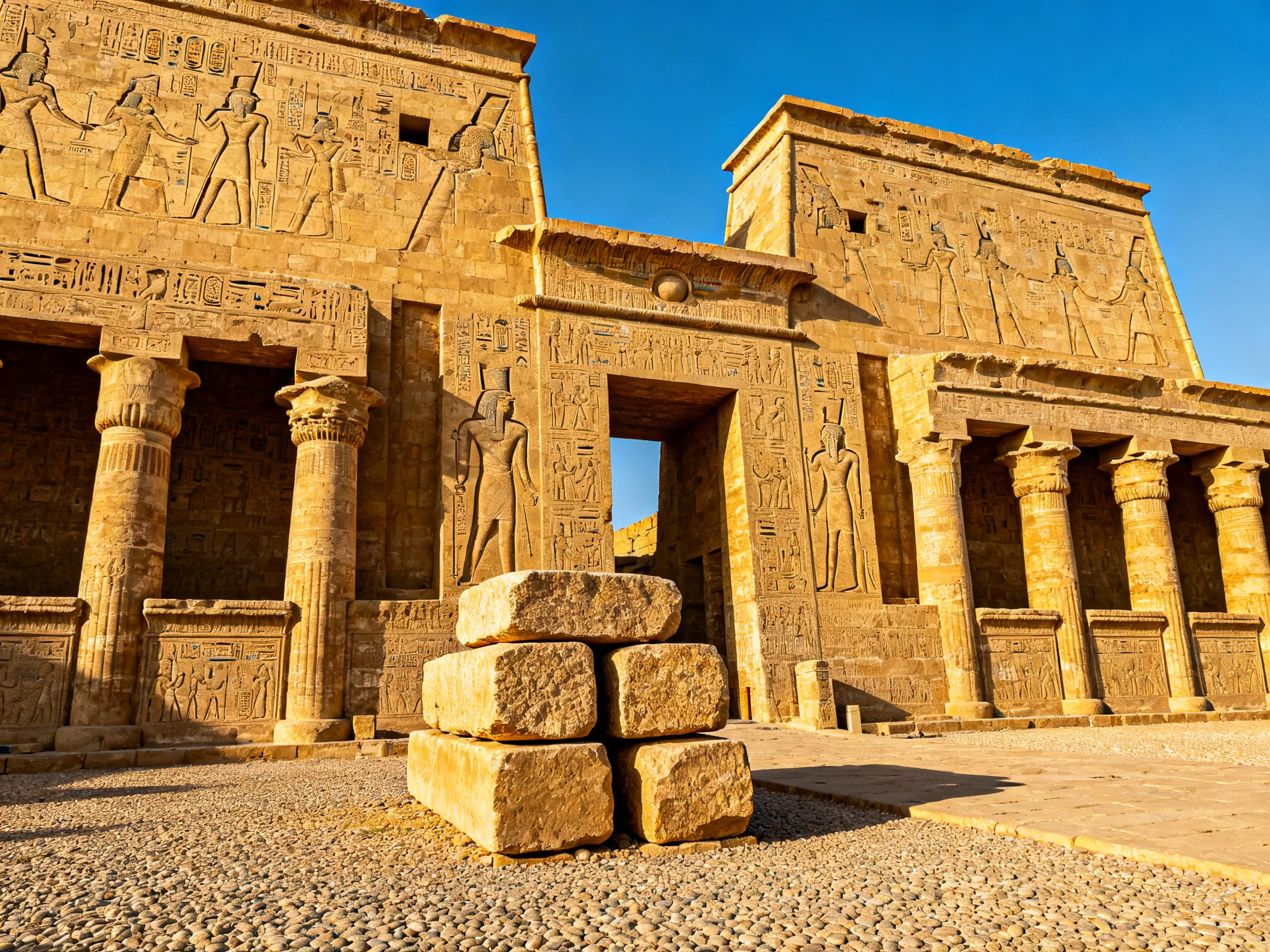 Ancient Egyptian Temple with Stone Carvings and Columns