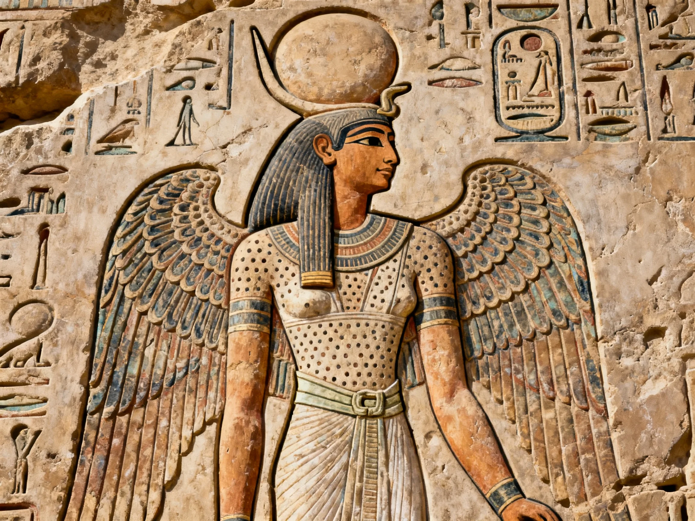 Ancient Egyptian Winged Deity Relief Carved Into Stone