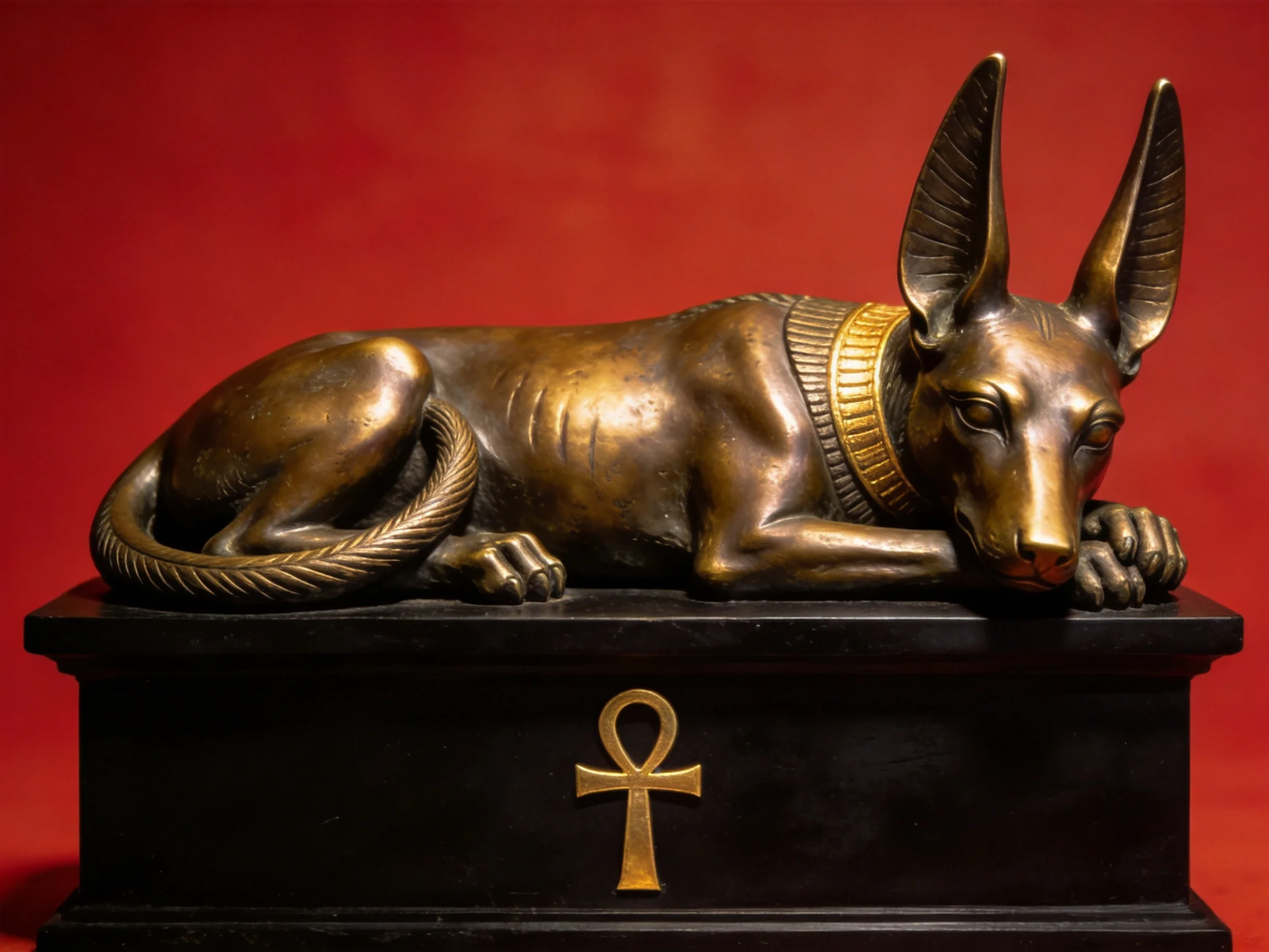 Ancient Egyptian bronze jackal statue resting on ornate black pedestal