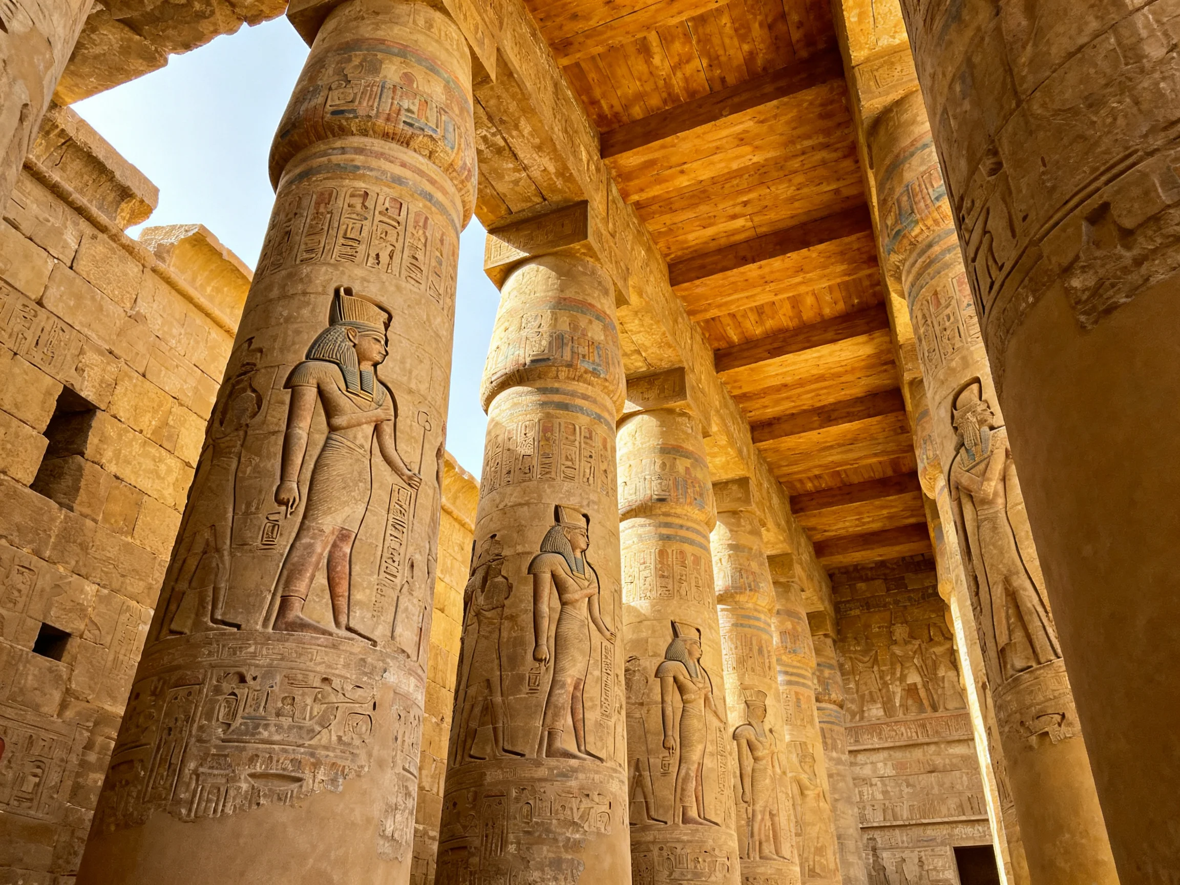 Ancient Egyptian temple columns with carved deities and hieroglyphics